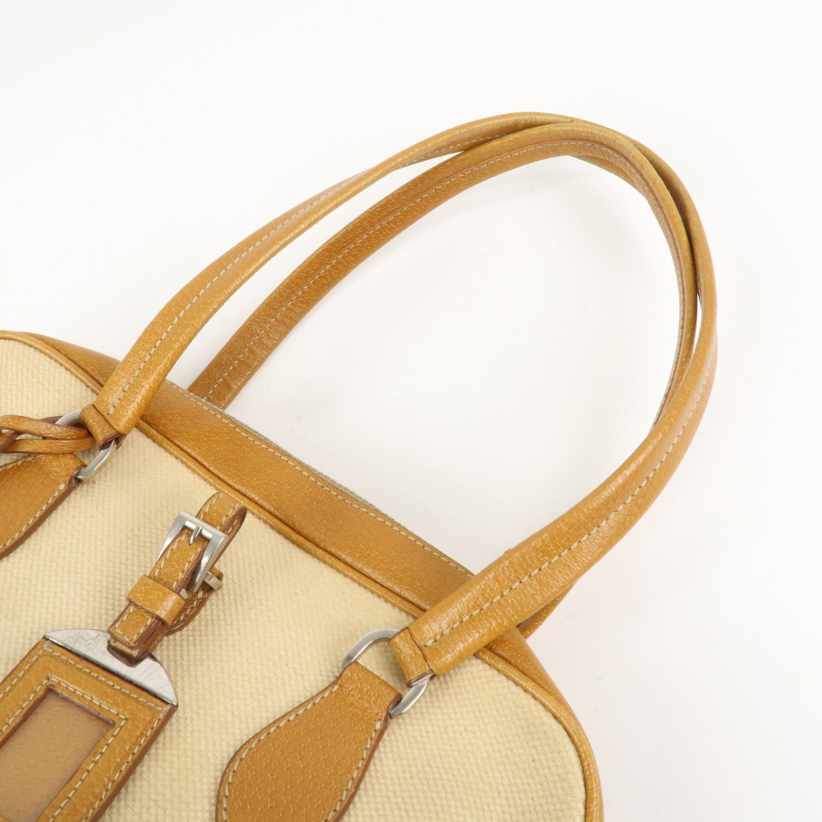 PRADA Canvas Leather Triangle Logo Boston Bag Ivory Brown