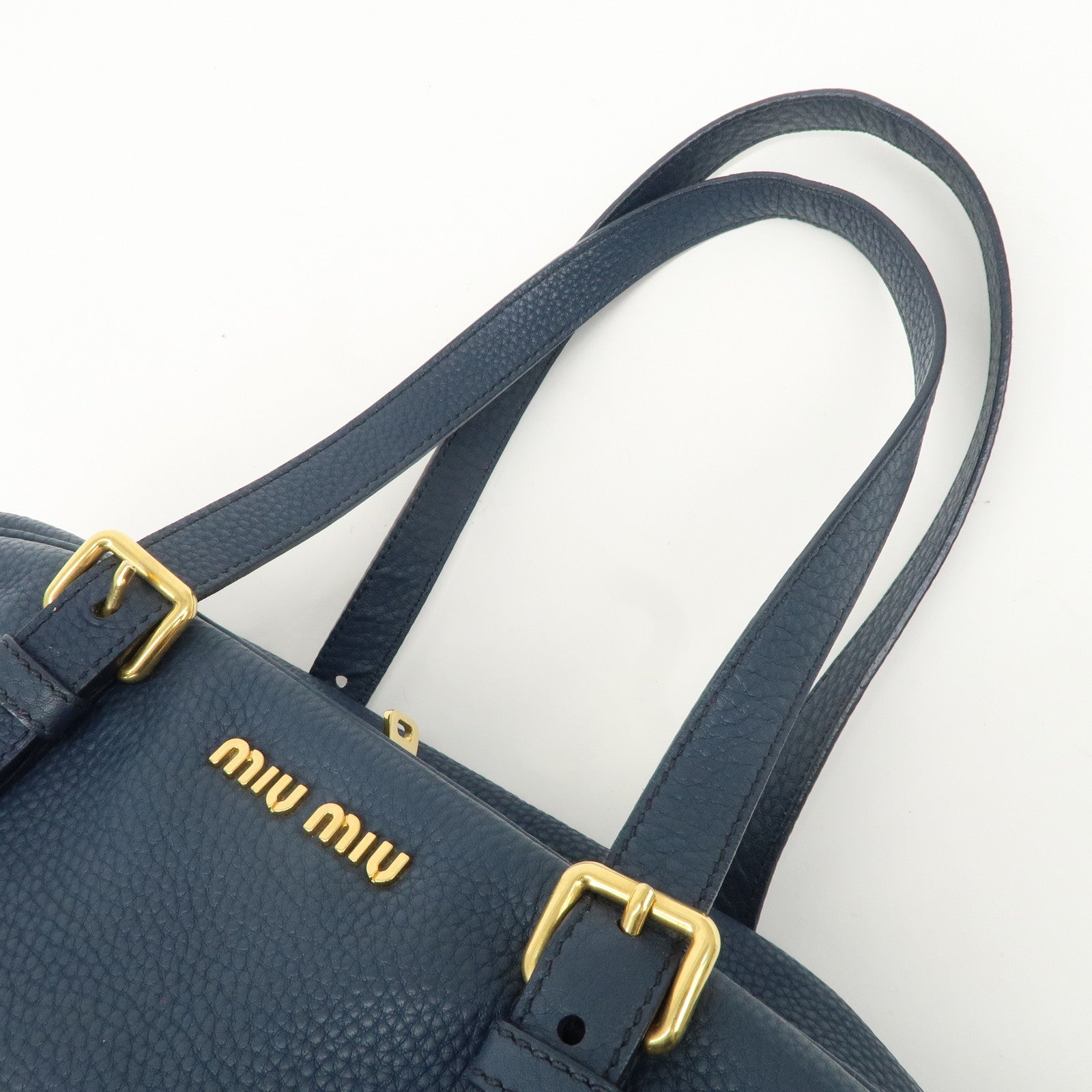 MIU MIU Leather Boston Bag Shoulder Bag Navy Gold HDW Used