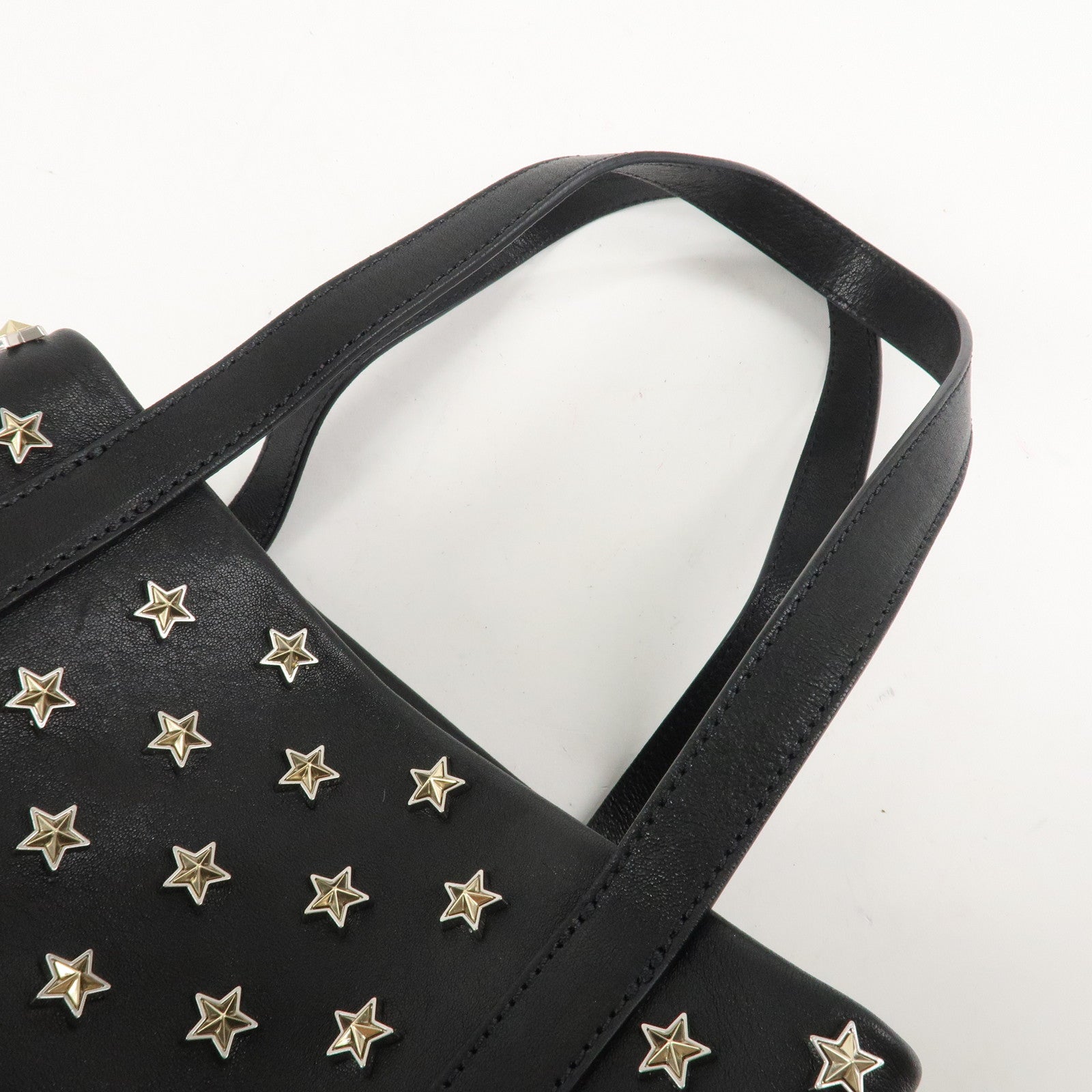 JIMMY CHOO Leather Tote Bag Hand Bag Star Studs Black Gold HDW