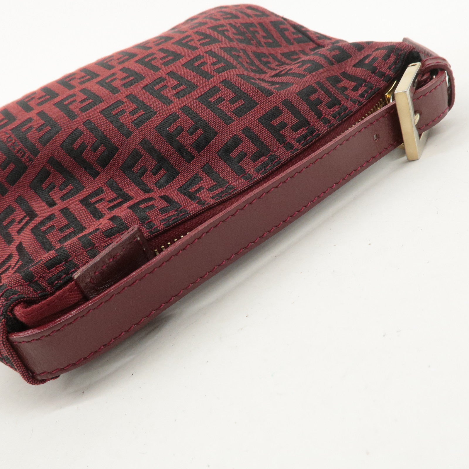 FENDI Zucchino Canvas Leather Pouch Hand Bag Red Black 8N0001