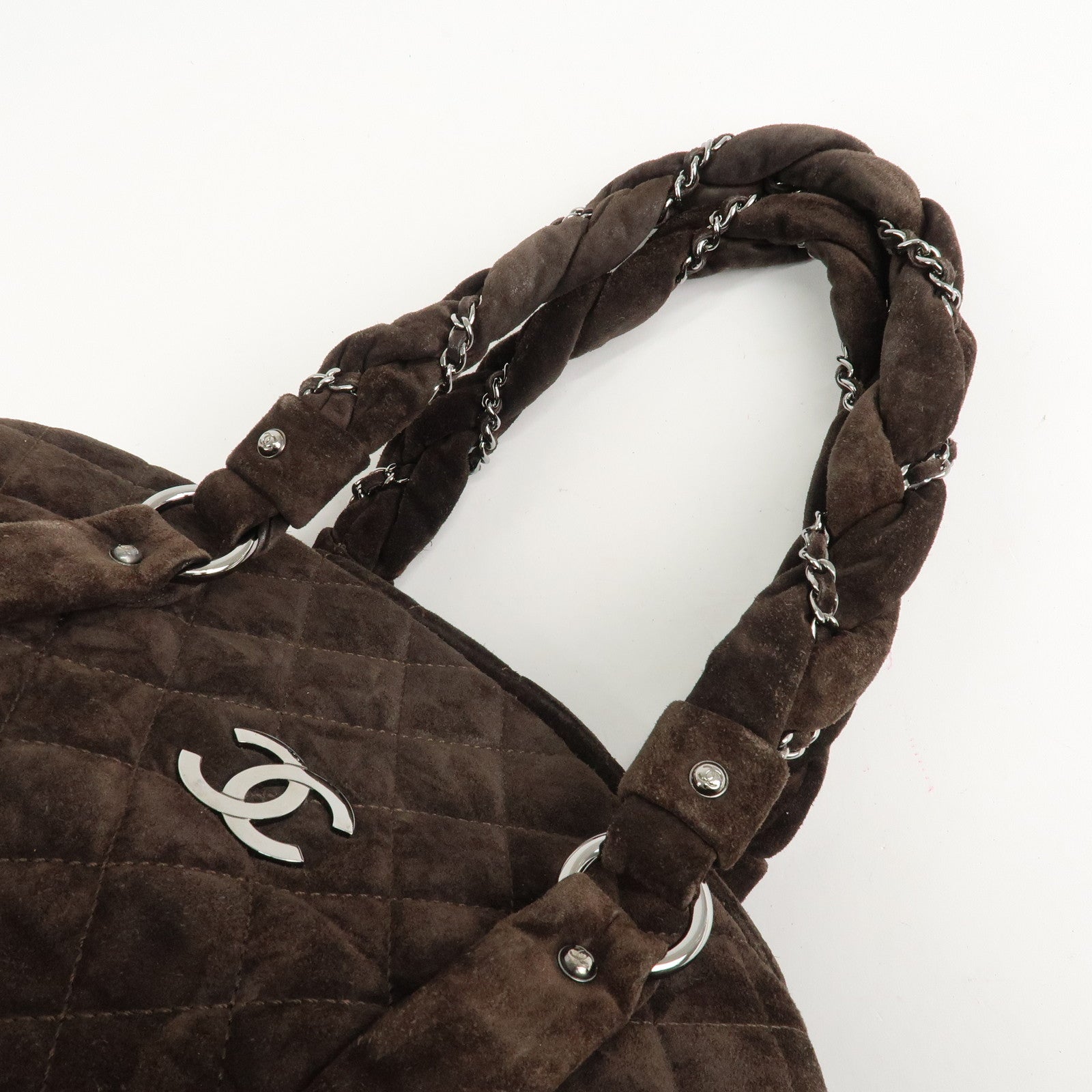 CHANEL Matelasse Suede Boston Bag Brown Silver Hardware