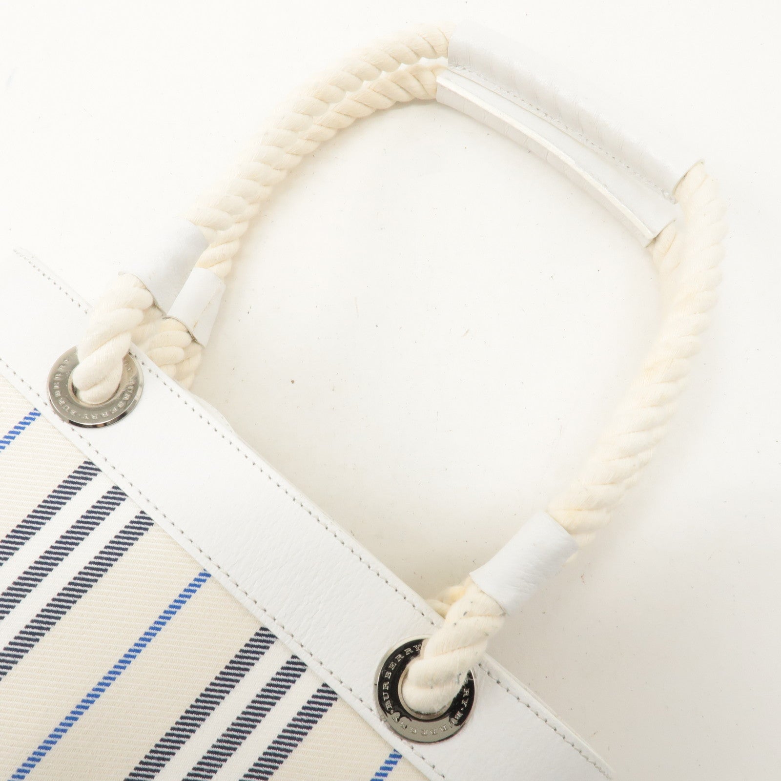 BURBERRY Canvas Leather Tote Bag Hand Bag White Stripe