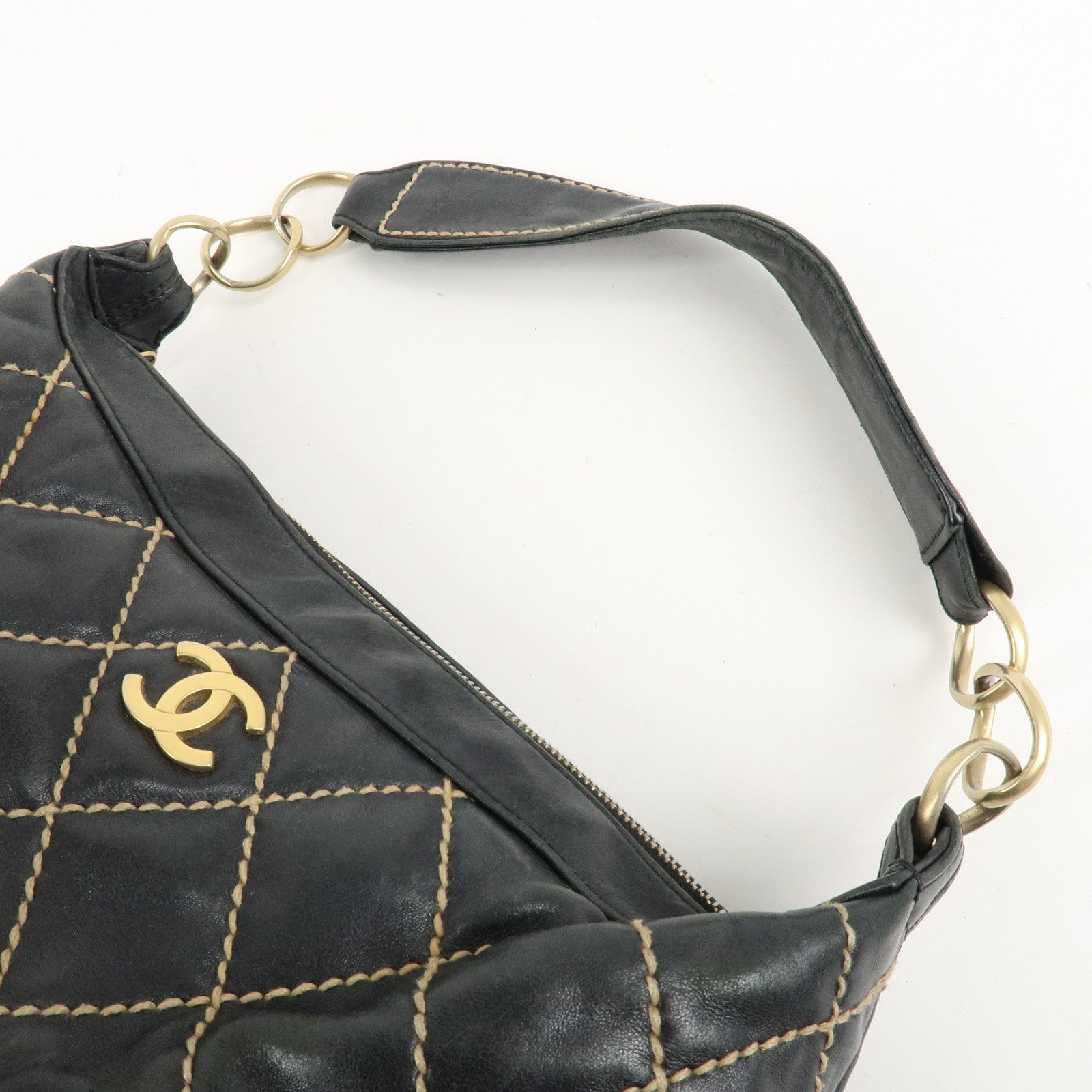 CHANEL Wild Stitch Lambskin Shoulder Bag Hand Bag Black A20663 Used