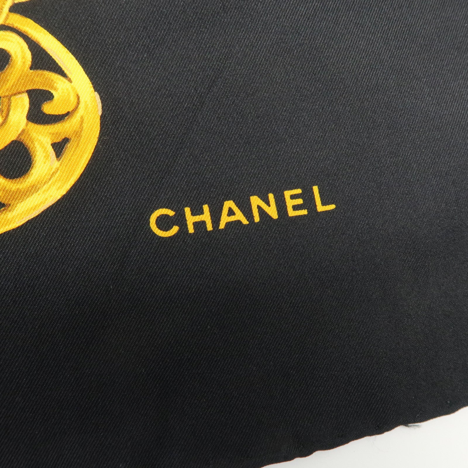 CHANEL Silk 100% Scarf 90×90 Black Gold Used