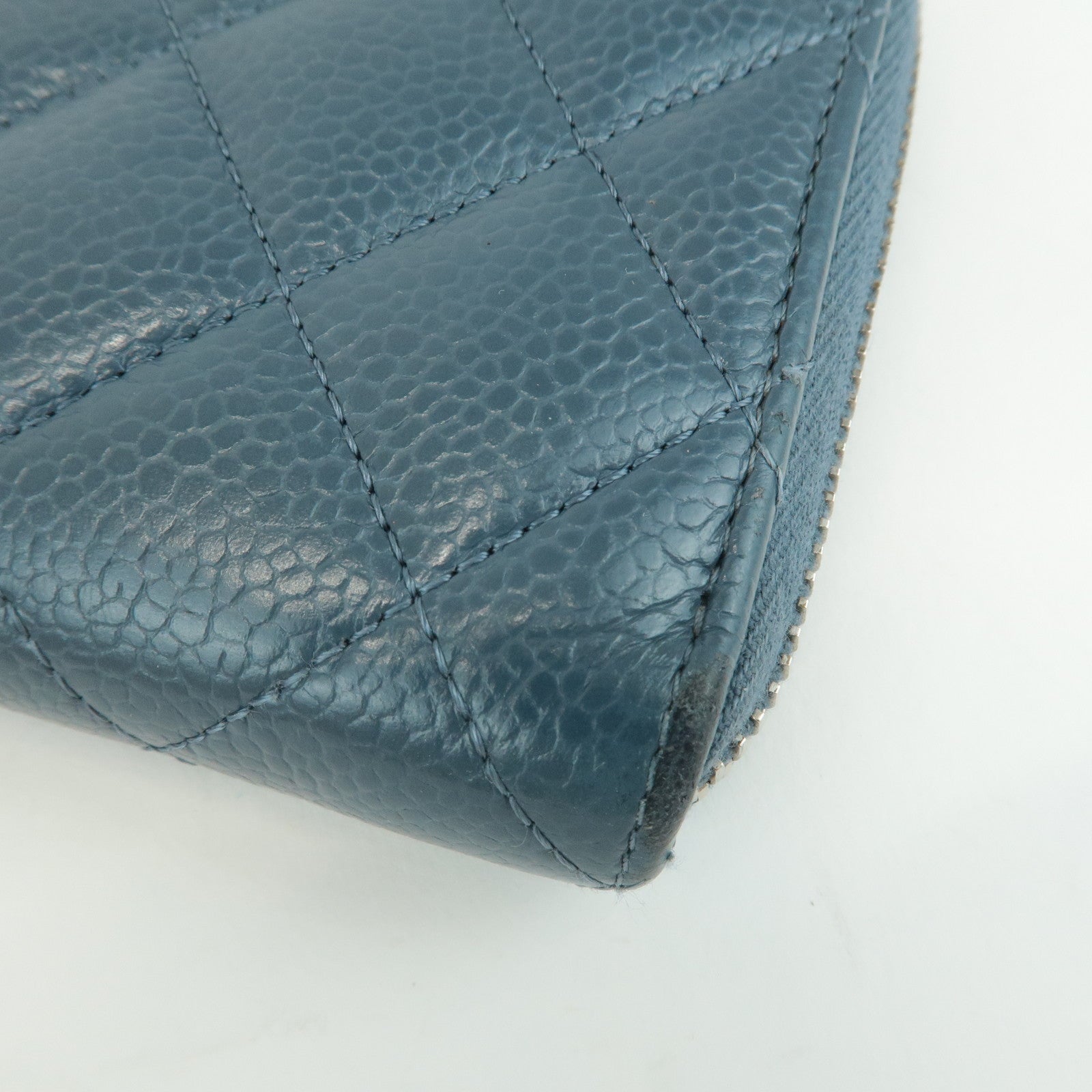 CHANEL Matelasse Caviar Skin Round Zippy Long Wallet Blue A50097