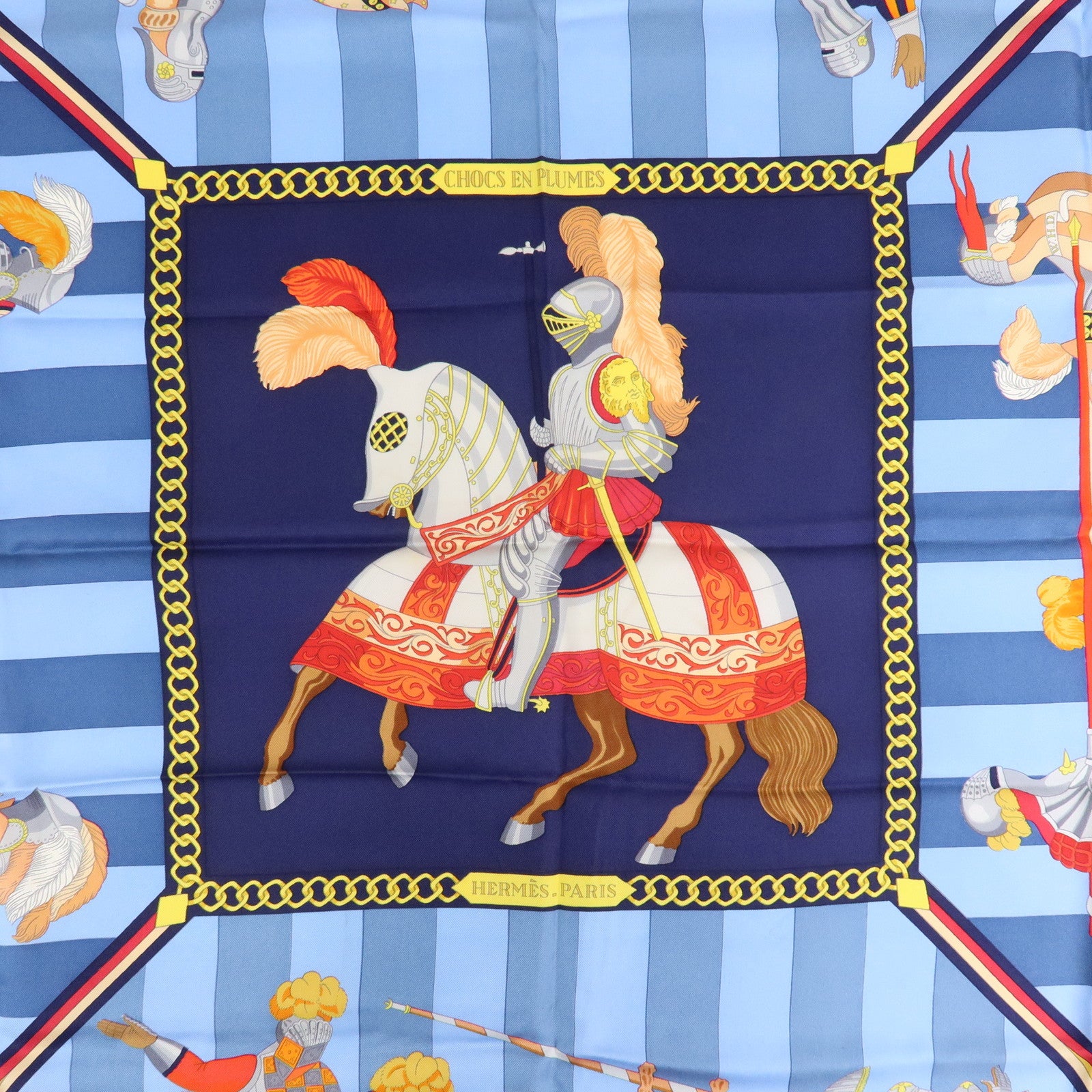 HERMES Carre 90 Silk 100% Scarf CHOCS EN PLUMES Navy Blue Red Used