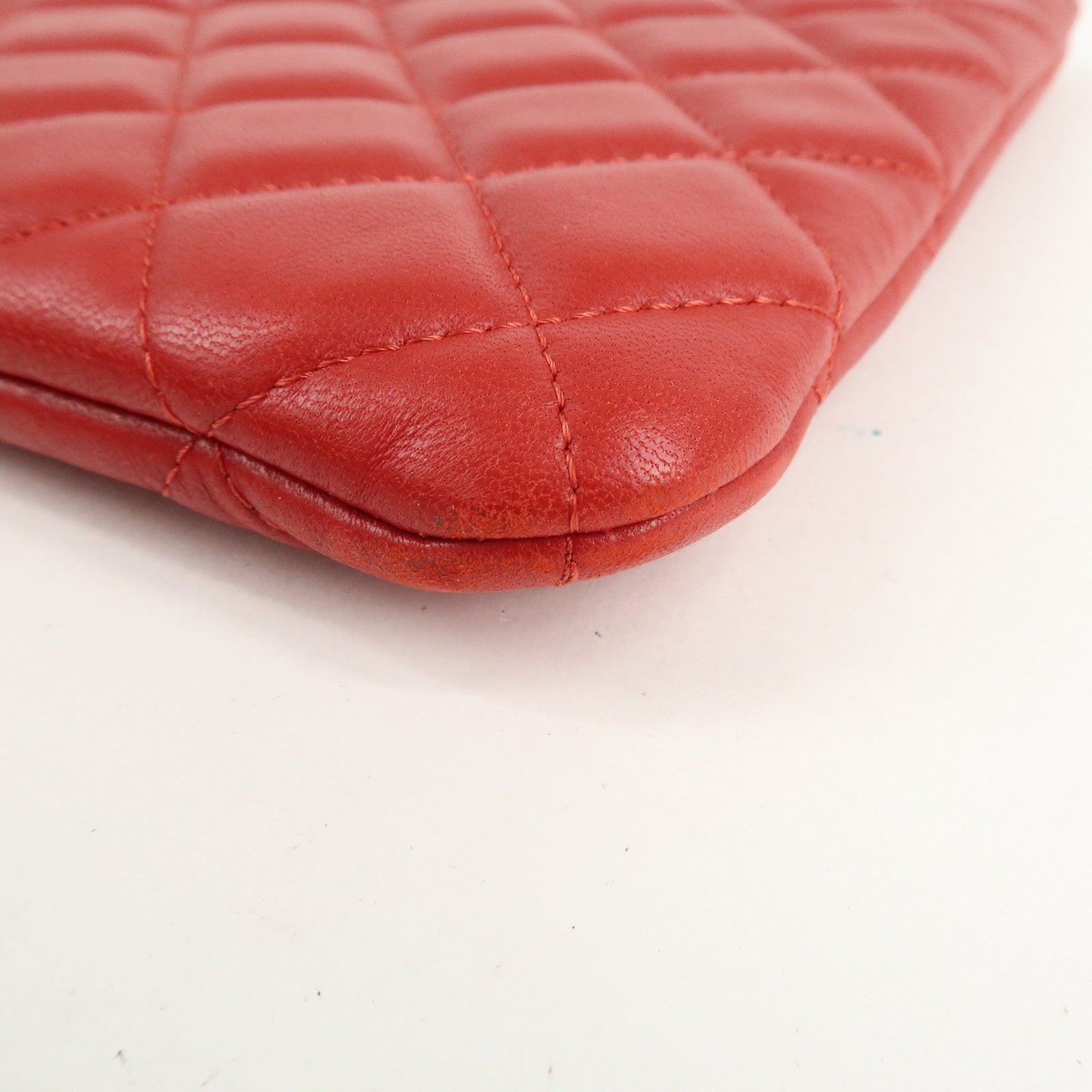 CHANEL Matelasse COCO Mark Lamb Skin Clutch Bag Red Used