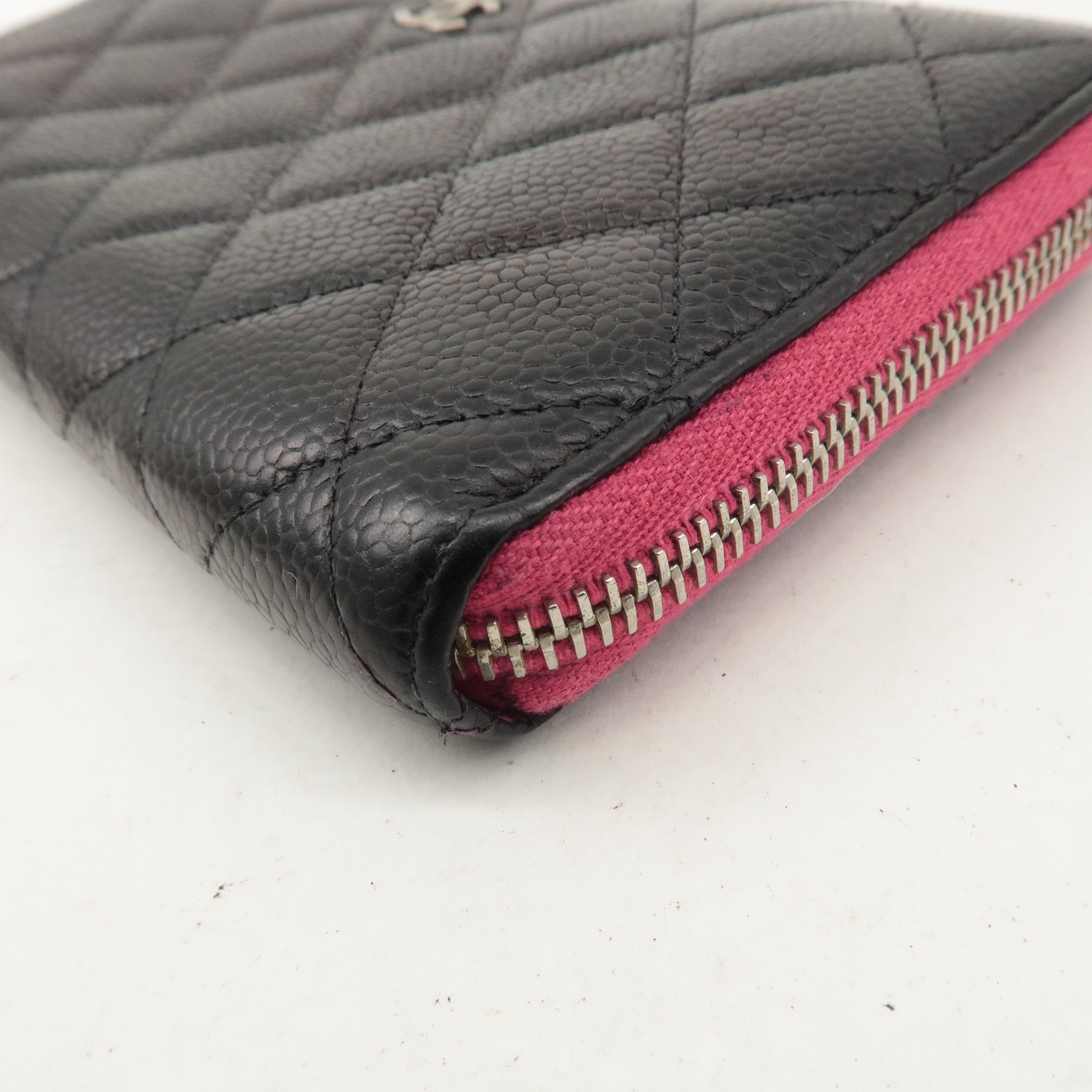 CHANEL Caviar Skin Zip Round Long Wallet Black Pink