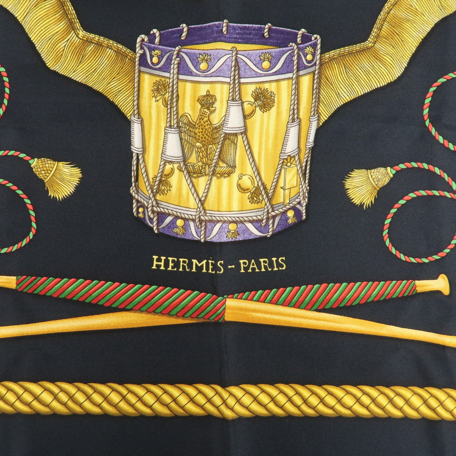 HERMES Silk 100% Carre 90 LES TAMBOURS Black Gold Used