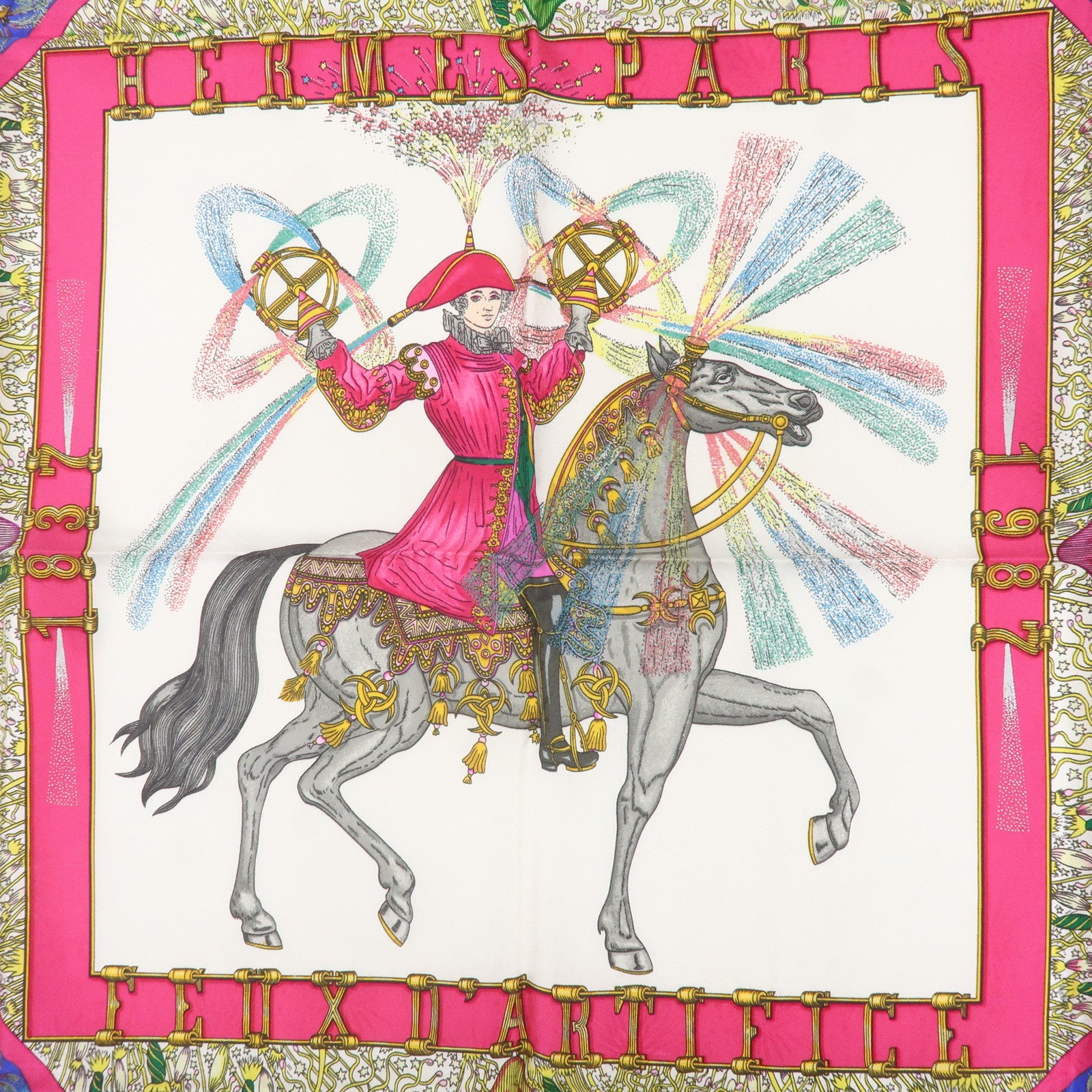 Hermes Carre 90 Silk 100% Scarf Feux D
Artifice Horse Print Blue