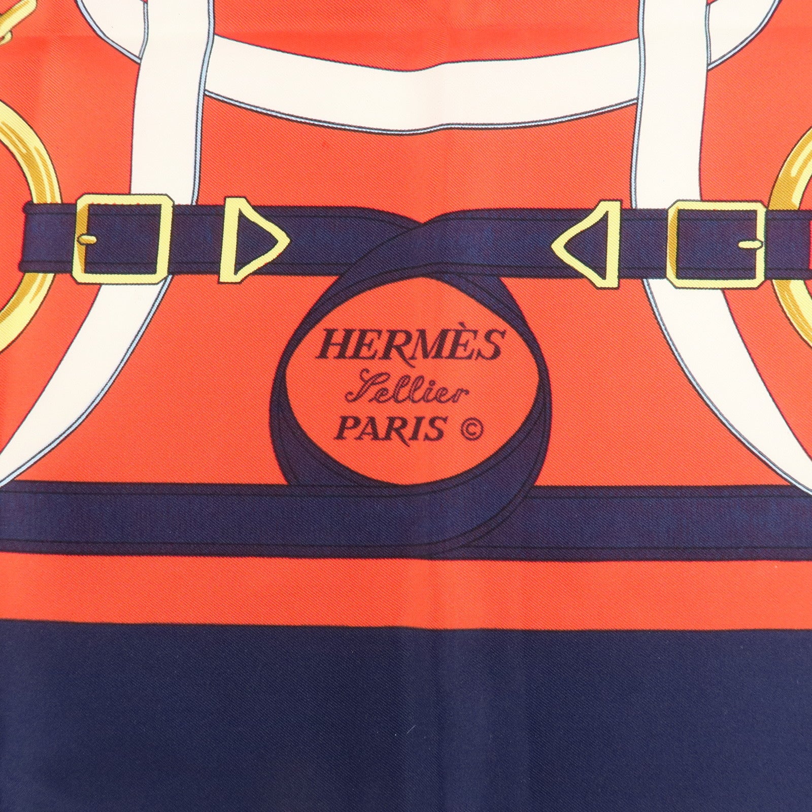 HERMES Carre 90 100% Silk Scarf Eperon d
or Red Navy Gold Used