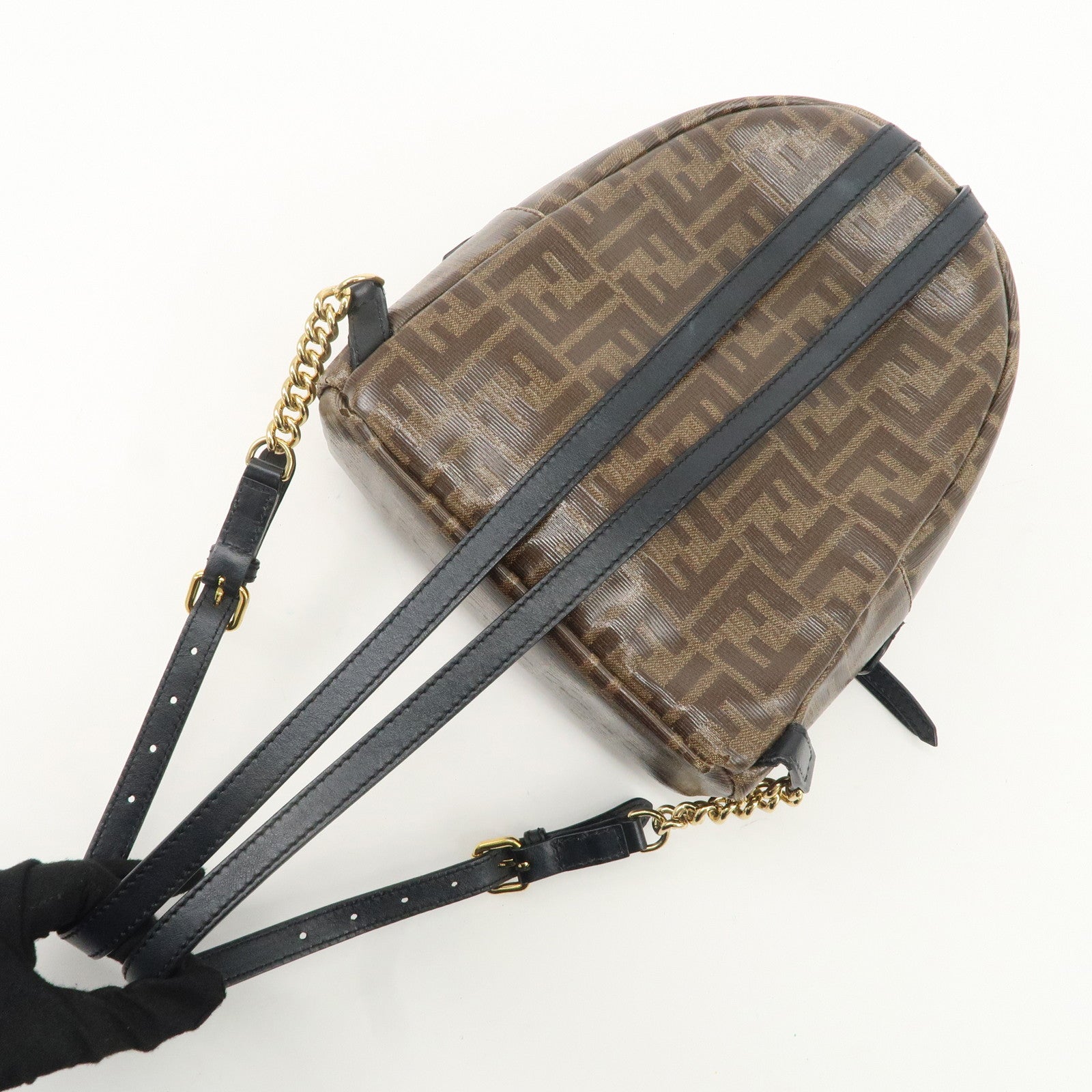 FENDI Zucca Print PVC Leather Chain Backpack Brown 8BZ038 Used