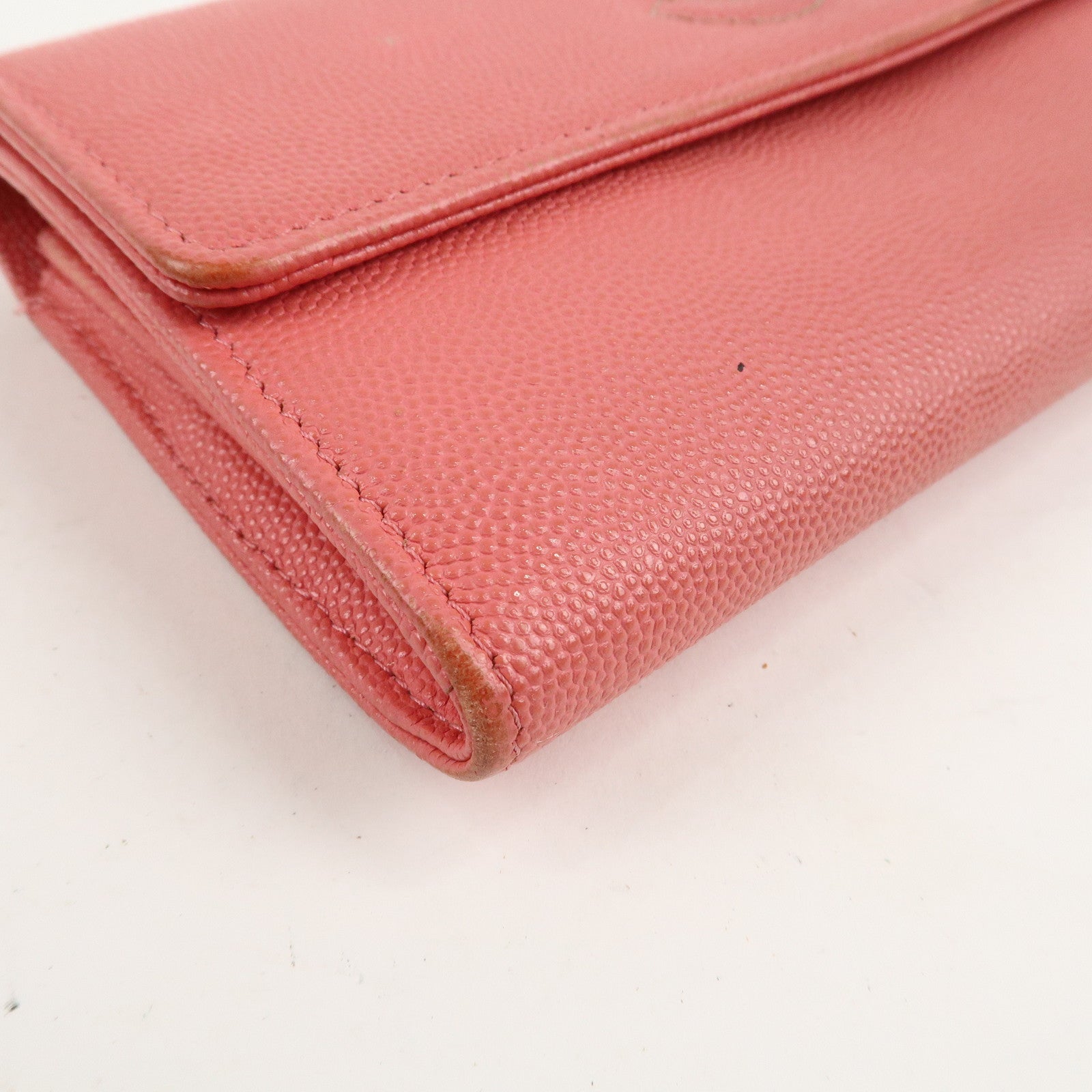 CHANEL Caviar Skin Coco Mark Bi-fold Long Wallet Pink Used