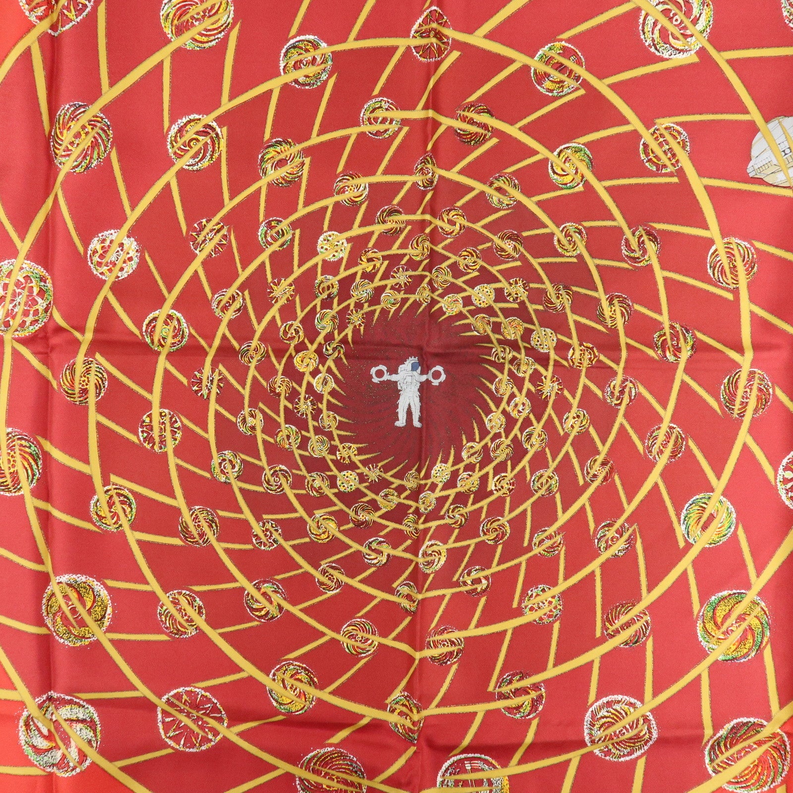 HERMES Carre 90 Silk 100% Scarf LES FEUX DE LESPACE Red Gold Blue Used