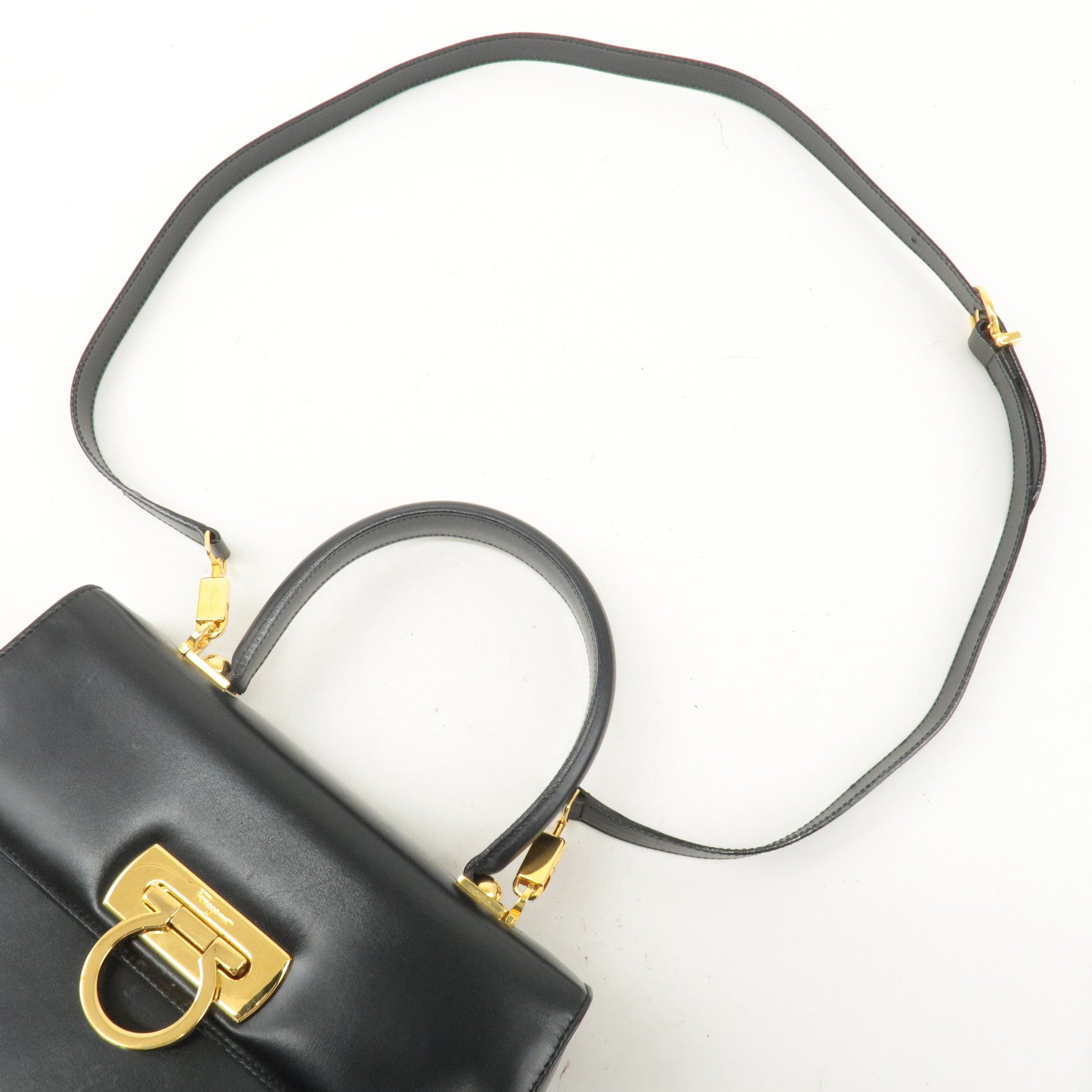 FERRAGAMO Leather Gancini 2Way Hand Shoulder Bag Black AT210536