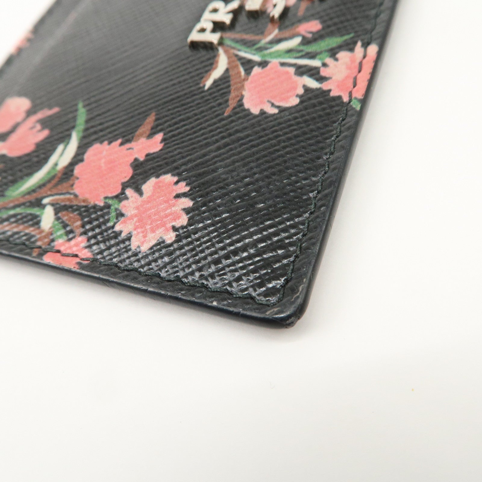 PRADA Saffiano Card Case Floral Pattern Black Pink 1MC208 Used