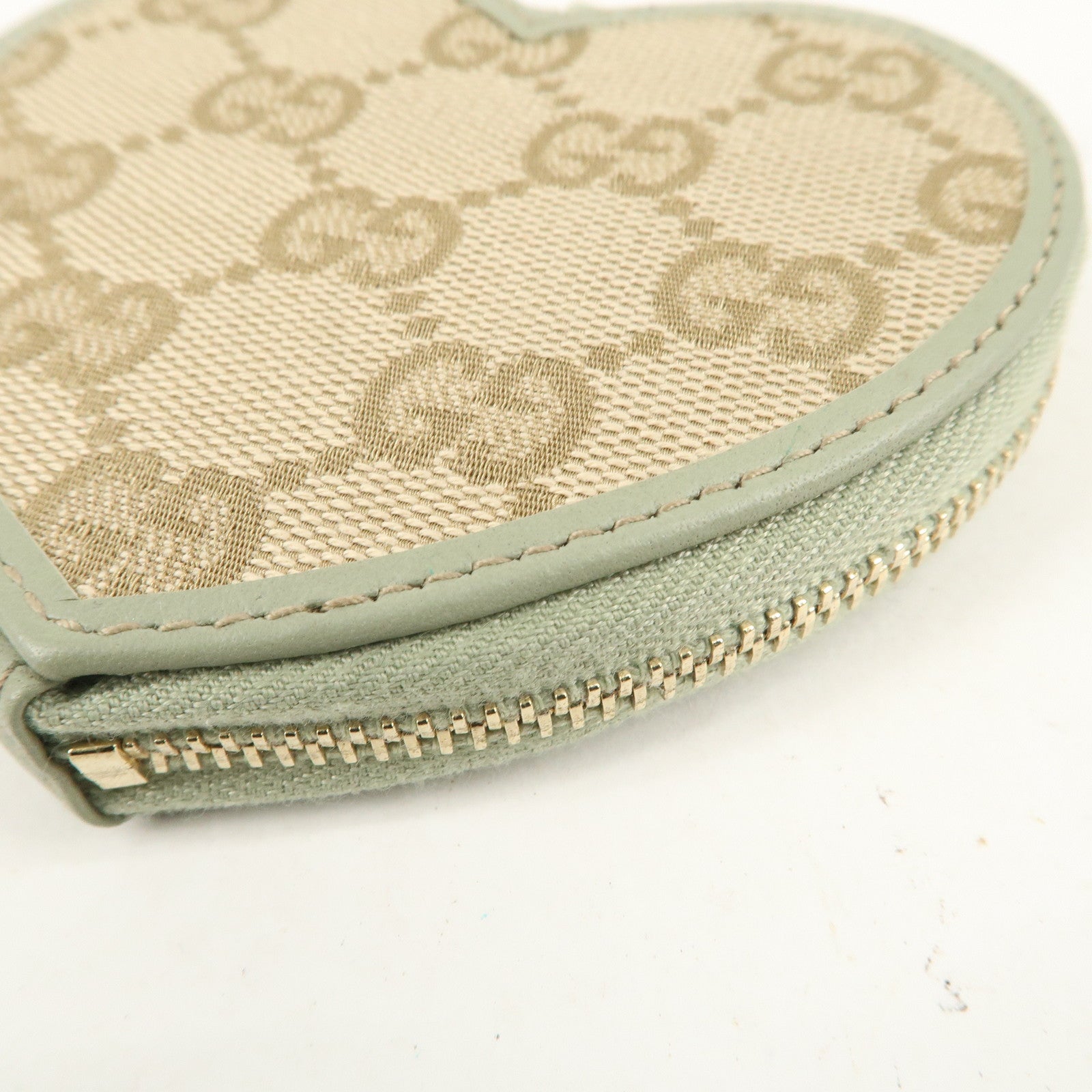 GUCCI GG Canvas Leather Heart Coin Case Wallet Light Green 152615