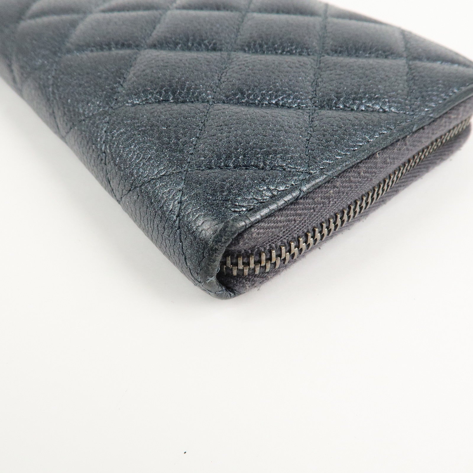 CHANEL Matelasse Caviar Skin Zip Around Long Wallet Metal Blue