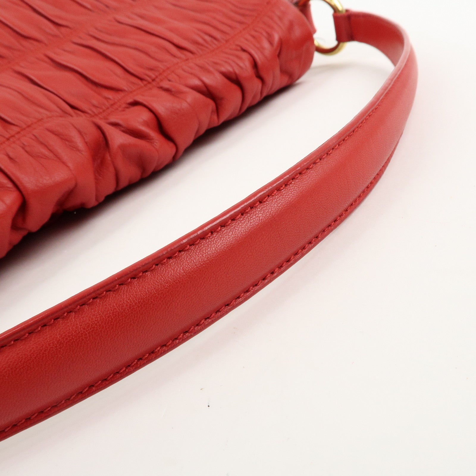 PRADA Logo Gathered Leather Shoulder Bag Hand Bag Red