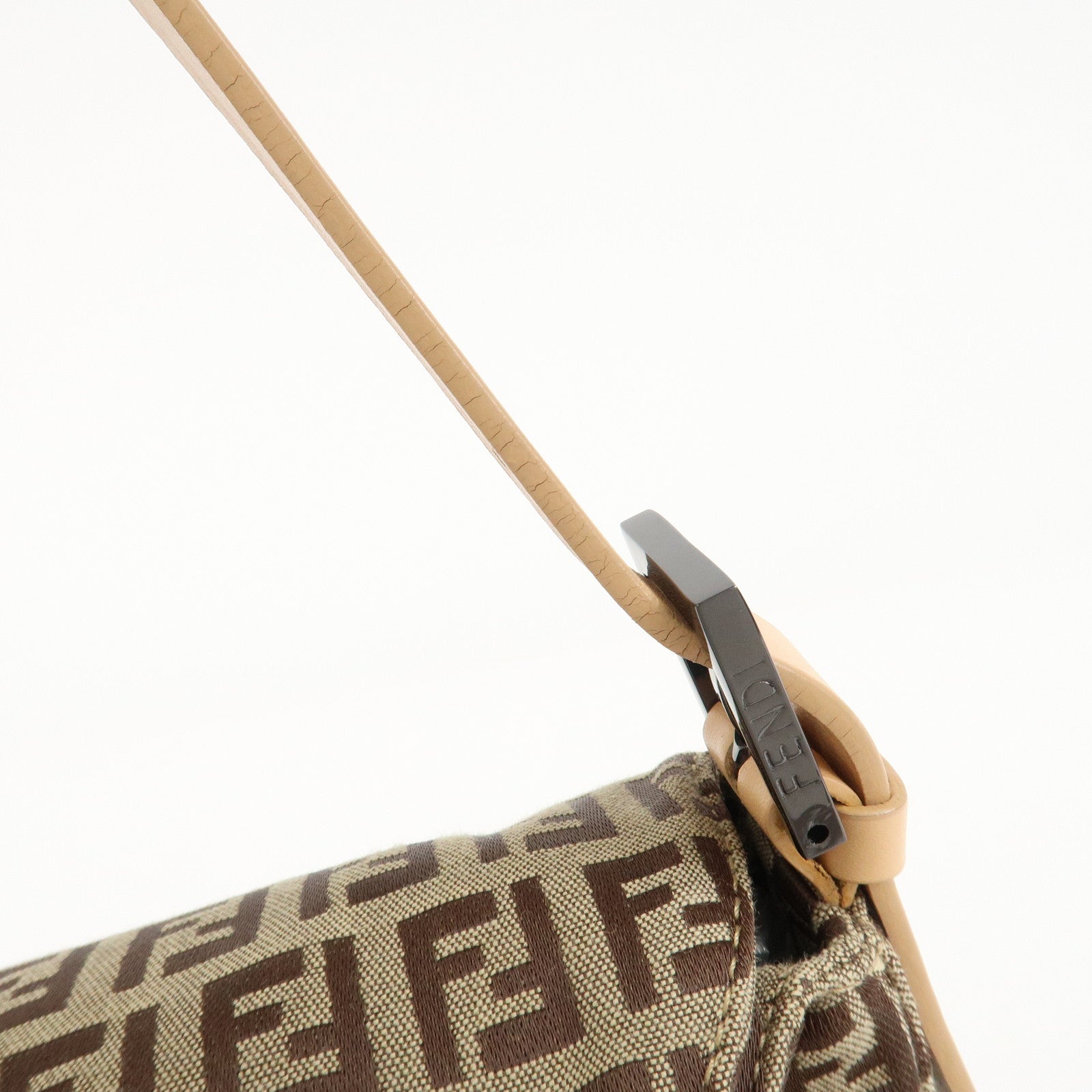 FENDI Zucchino Canvas Leather Shoulder Bag Beige 8BR003