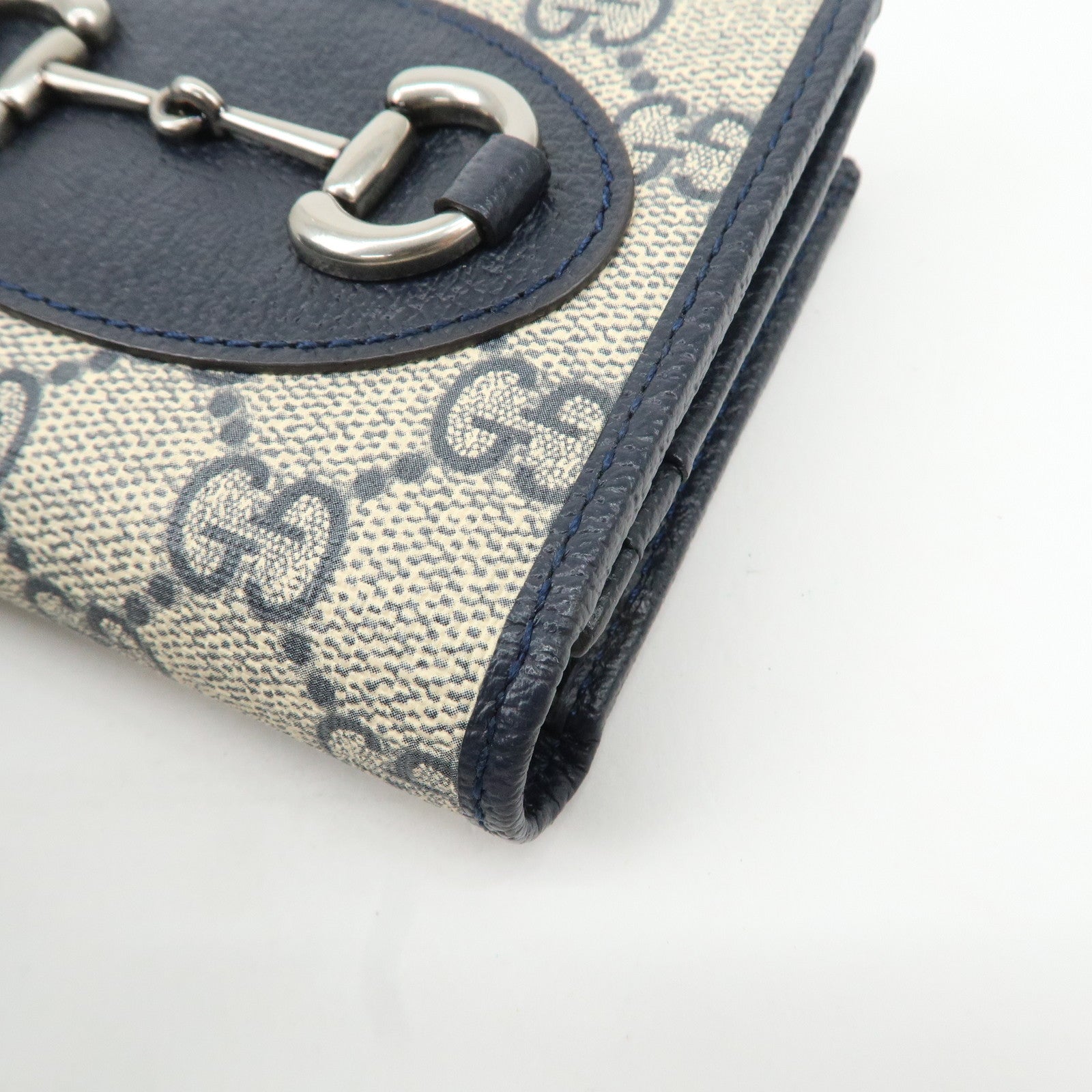 GUCCI Horsebit GG Supreme Leather Compact Wallet Navy 621887 Used