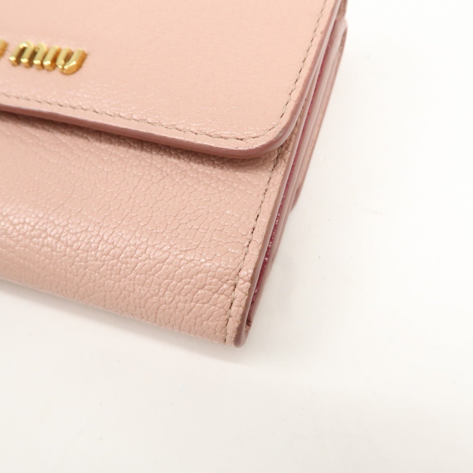 MIU MIU Leather Double Hook Bi-fold Wallet Pink Gold Hardware