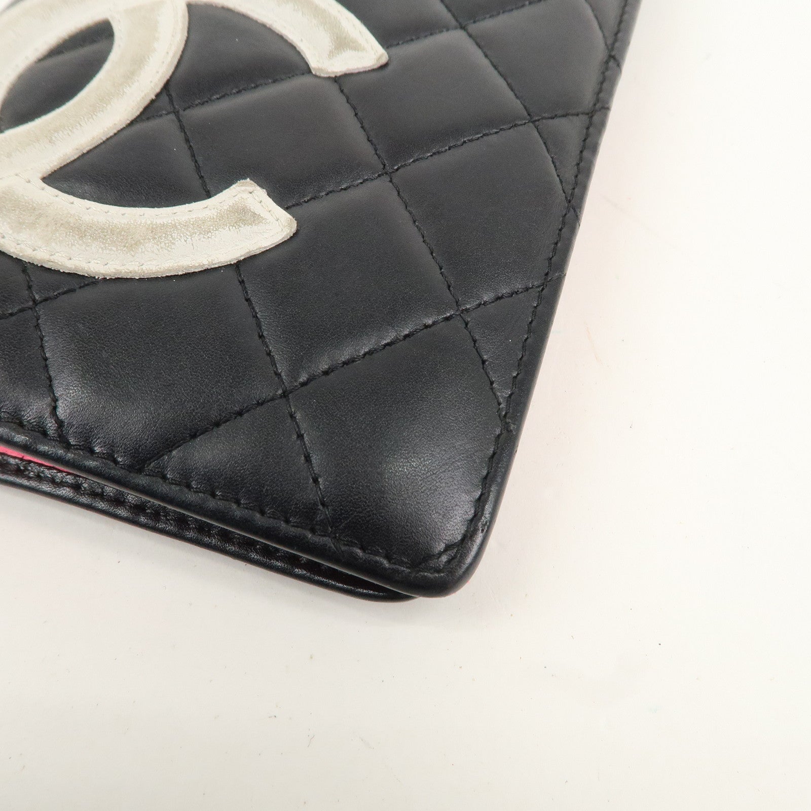 CHANEL Cambon Line Lamb Skin Bi-fold Wallet Black White A26717