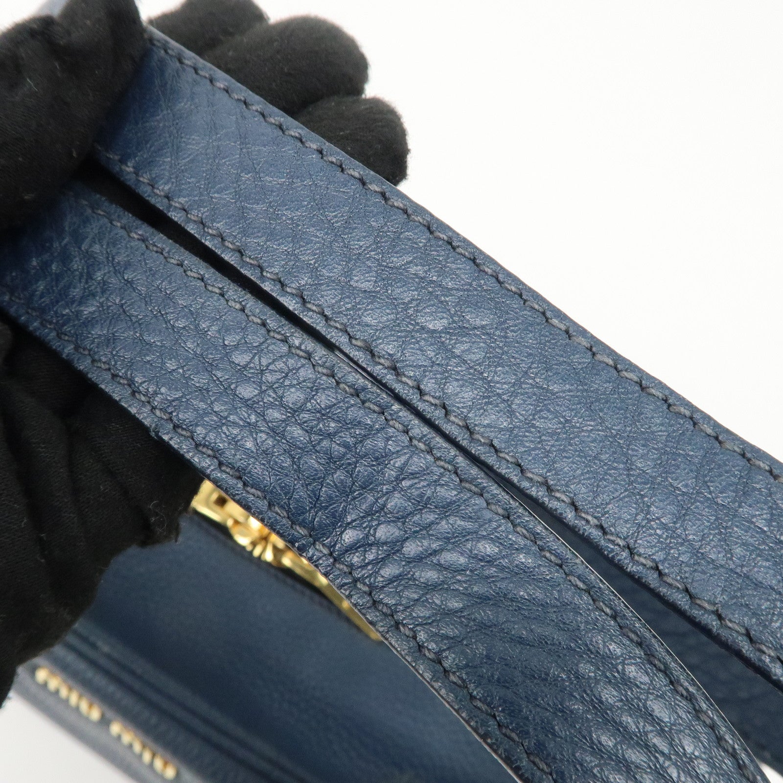 MIU MIU Leather Boston Bag Shoulder Bag Navy Gold HDW Used