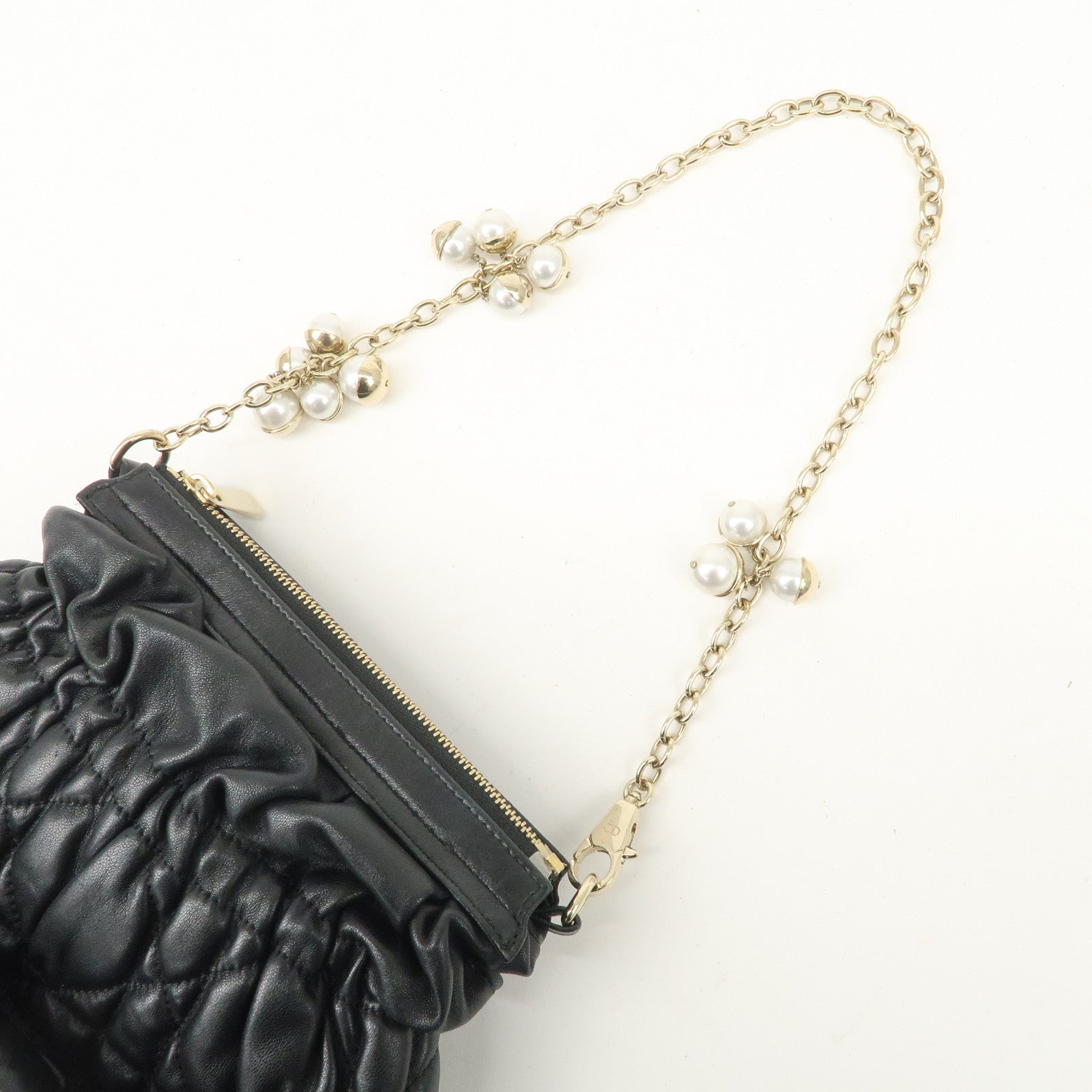 Christian Dior Leather Peal Chain Shoulder Bag Hand Bag Black Used