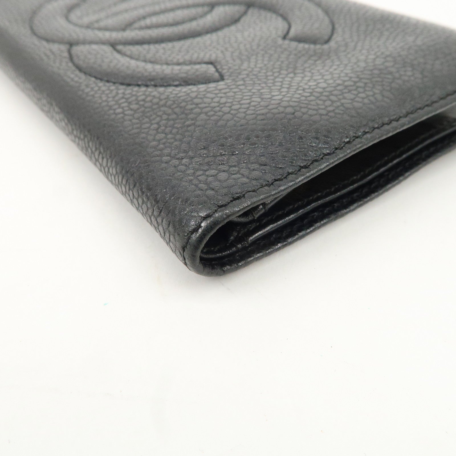 CHANEL Caviar Skin COCO Mark Bi-fold Wallet Black A01429 Used