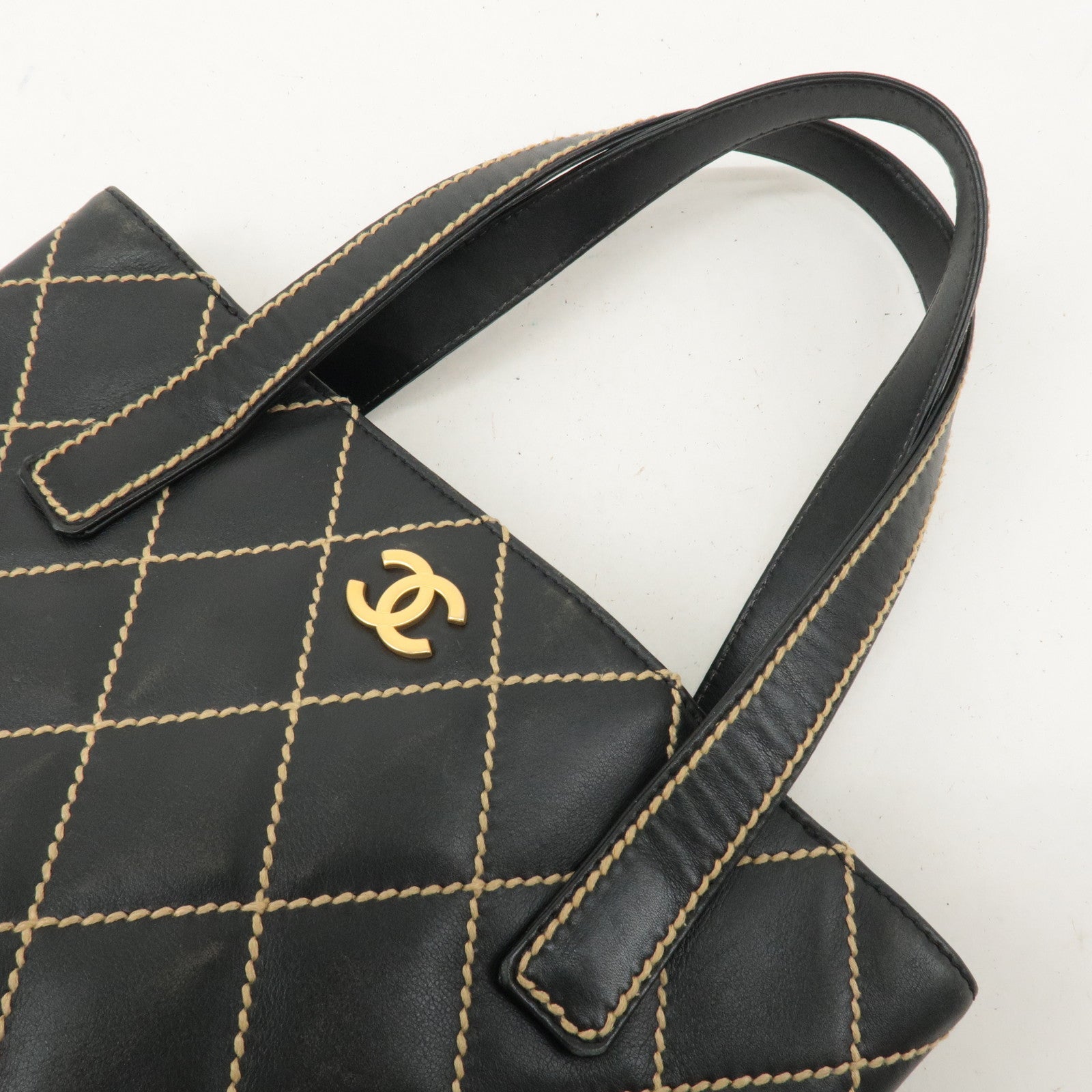 CHANEL Wild Stitch Leather Tote Bag Hand Bag Black