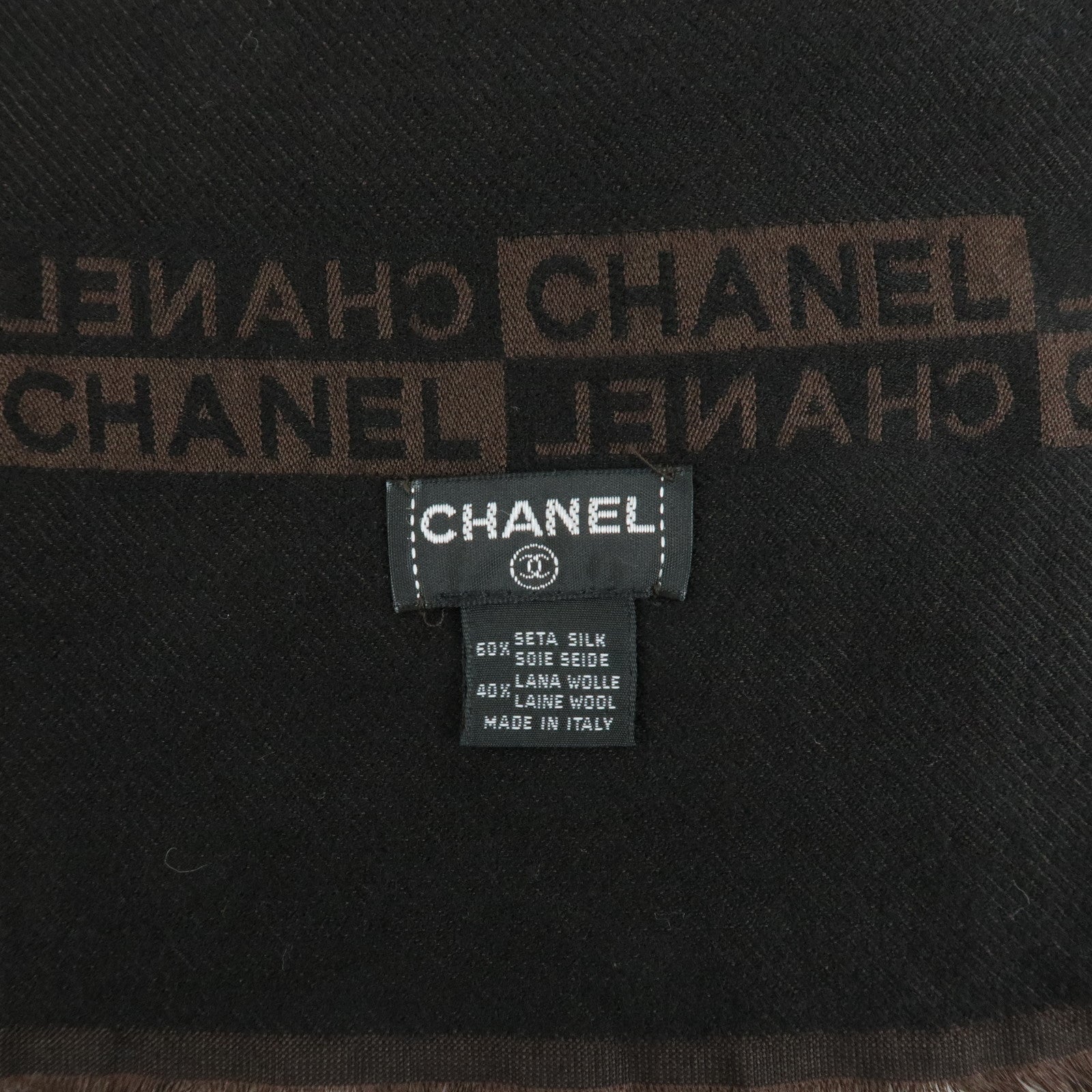 CHANEL SIlk Wool Shawl Scarf 190×55 Dark Brown Black Used