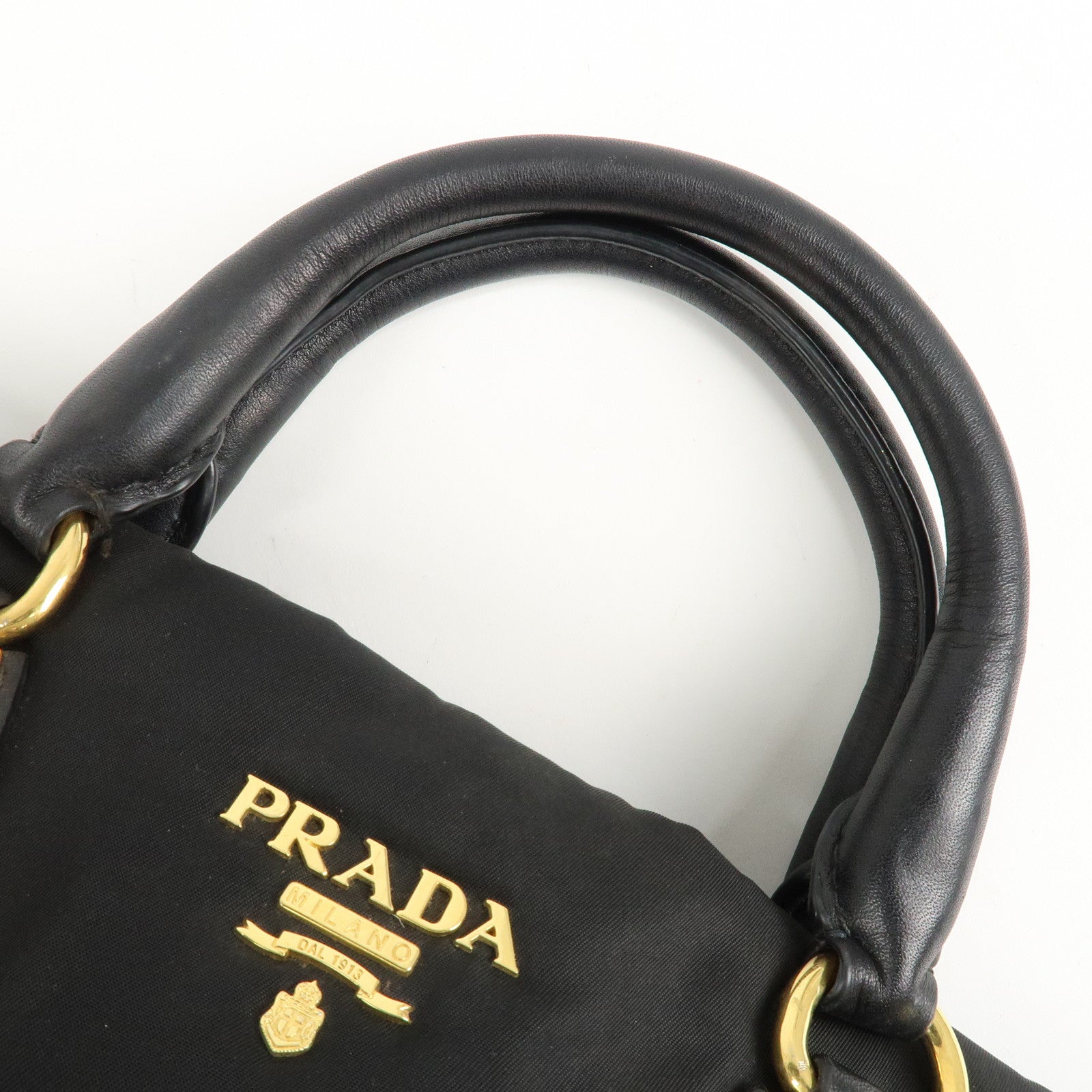 PRADA Logo Nylon Leather 2Way Shoulder Bag Black Gold HDW BN1903 Used