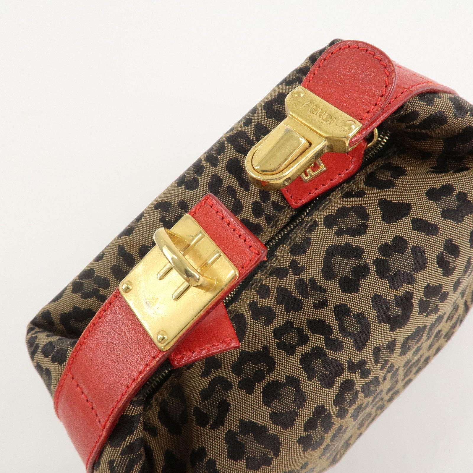 FENDI Canvas Leather Leopard Vanity Bag Pouch Brown Red 26360 Used