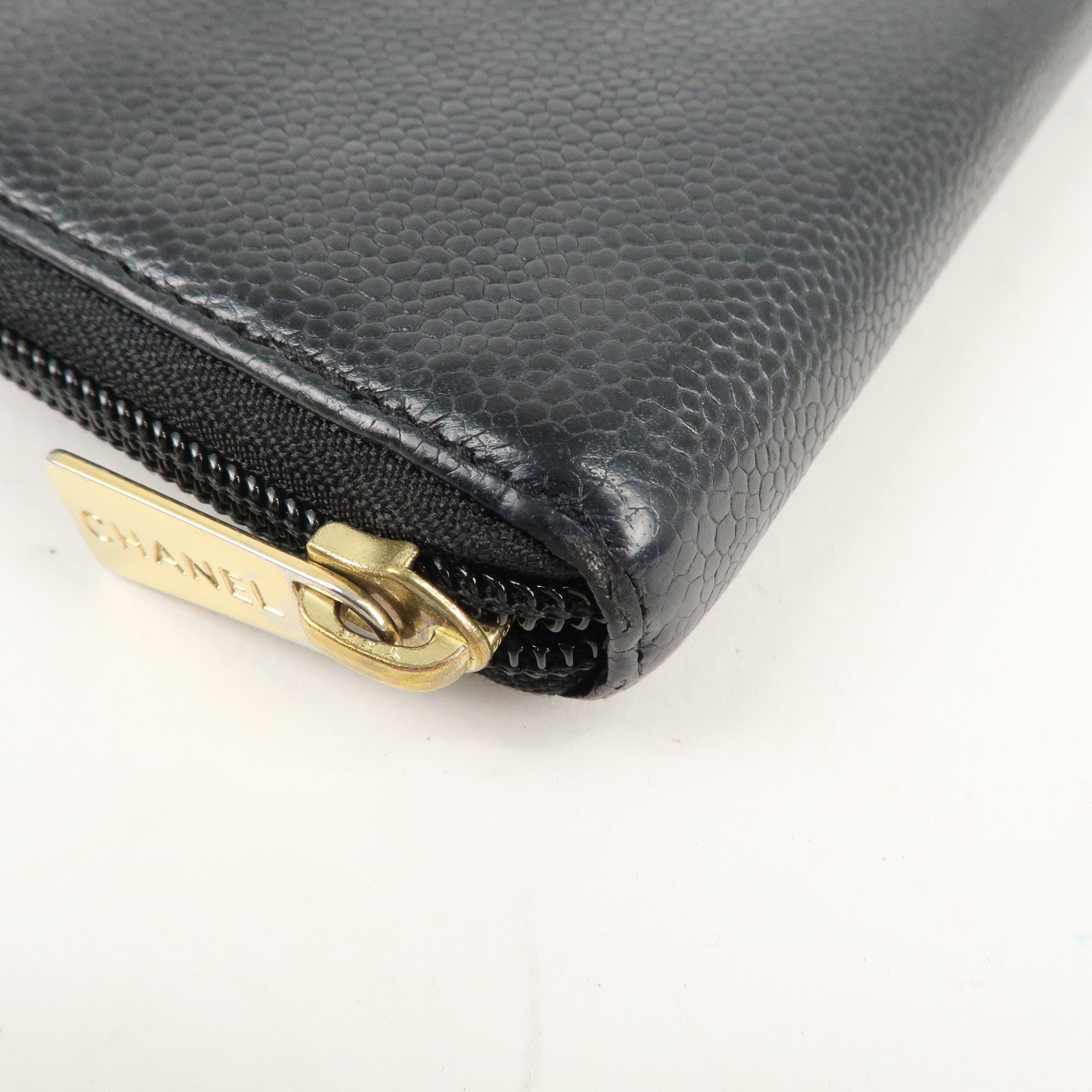 CHANEL Caviar Skin Zippy Round Long Wallet Purse Black A13228