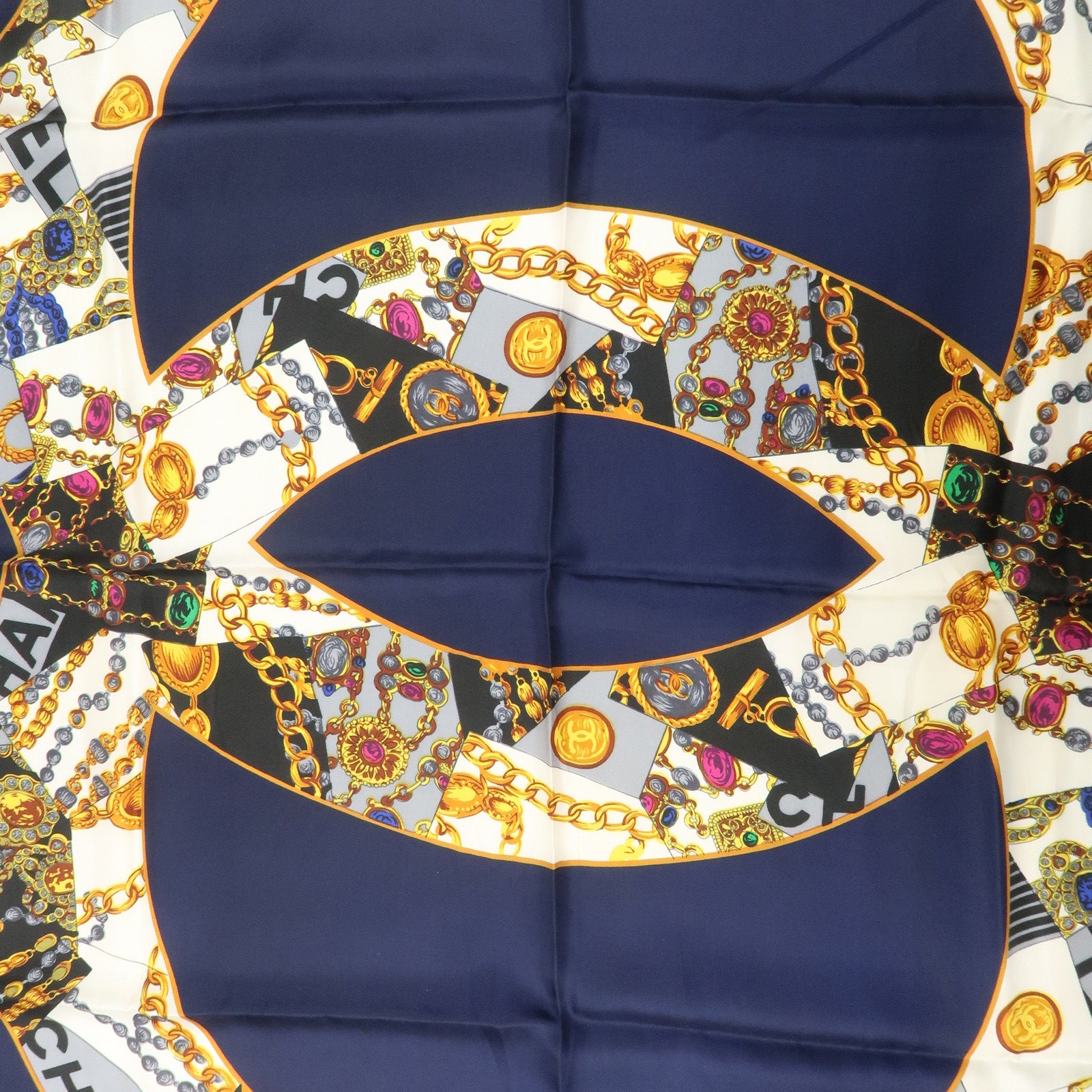 CHANEL COCO Mark Scarf Silk 100 % Navy Blue Gold Used