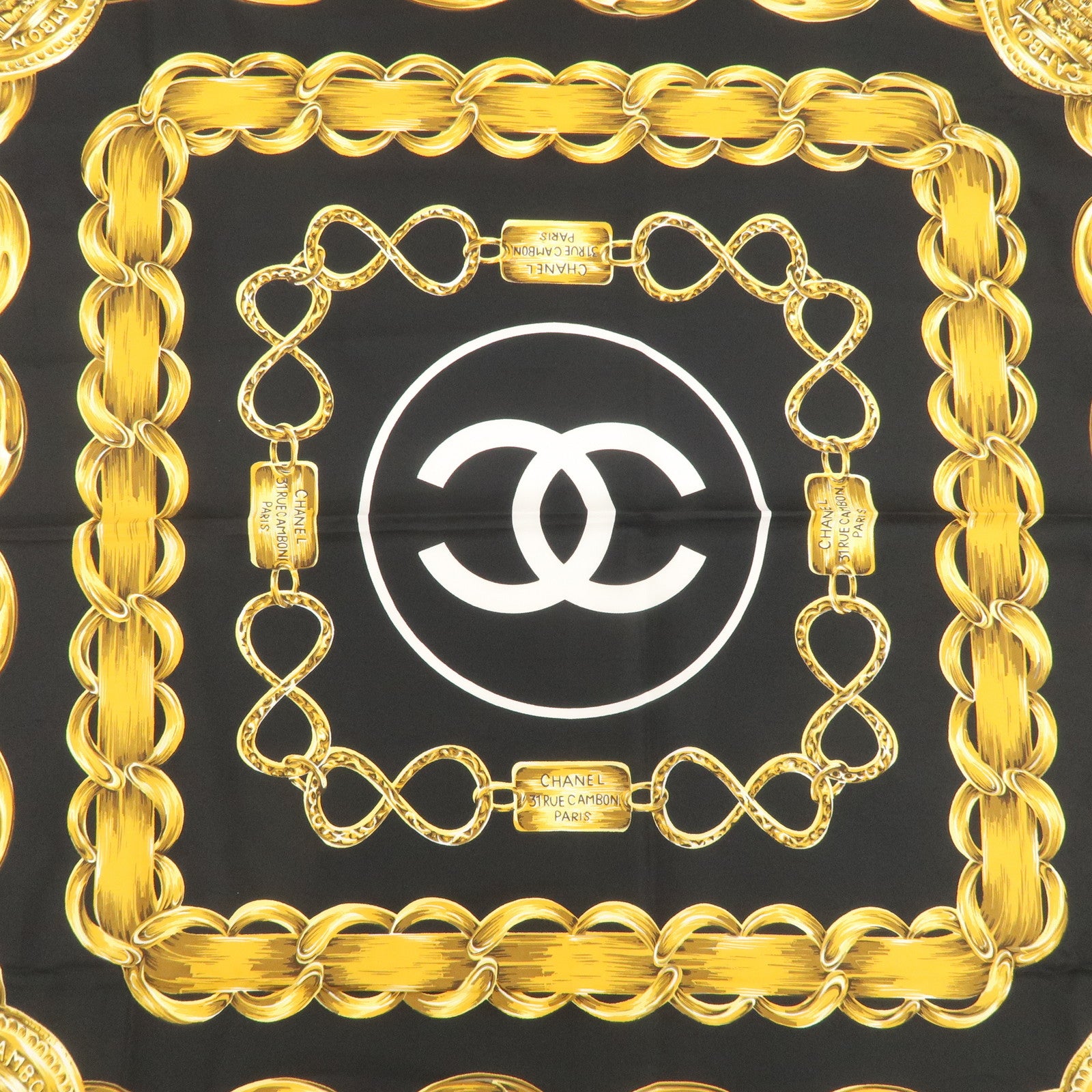 CHANEL Silk 100 % Scarf Coco Mark Chain Black Gold Used