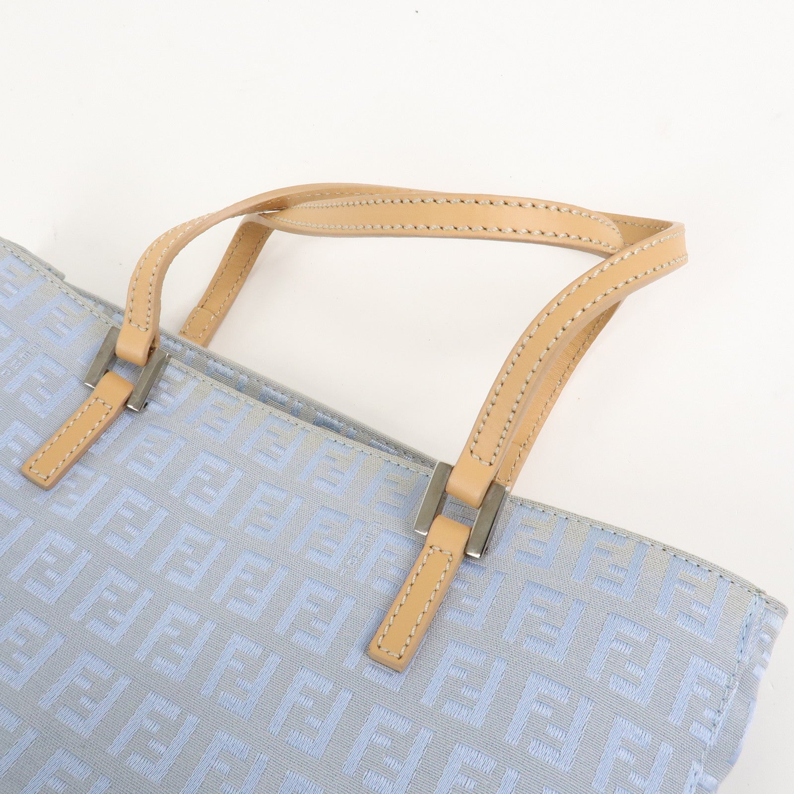 FENDI Zucchino Canvas Leather Tote Bag Light Blue Beige