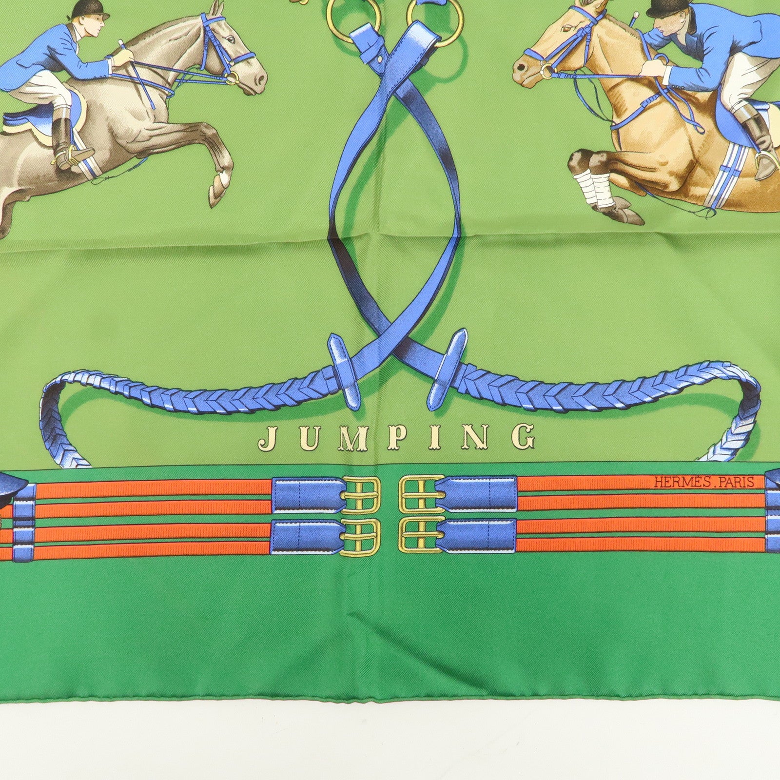 HERMES Carre 90 100% Silk Scarf JUMPING Riding Horse Green