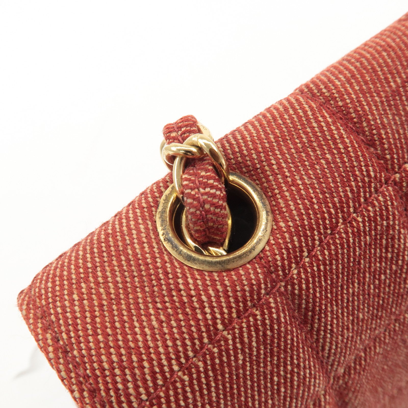 CHANEL Chocolate Bar Canvas Chain Shoulder Bag Red Gold Used