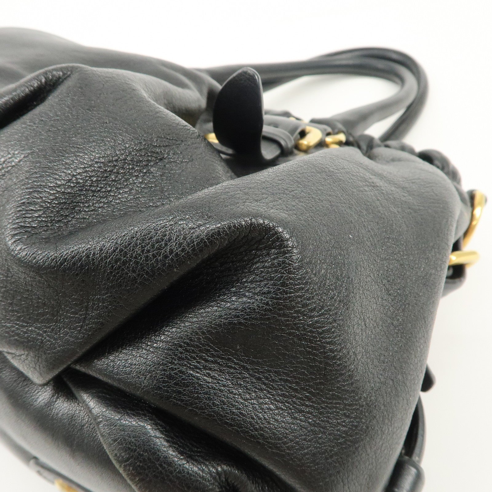 PRADA Logo Leather Gathered Hand Bag Black Gold HDW BR4259 Used