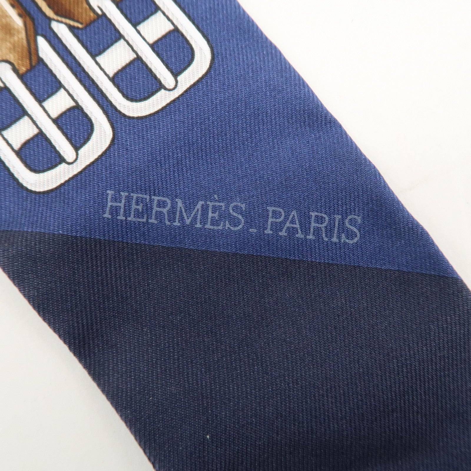 HERMES 100% Silk Twilly Scarf Jumping Navy Yellow Brown