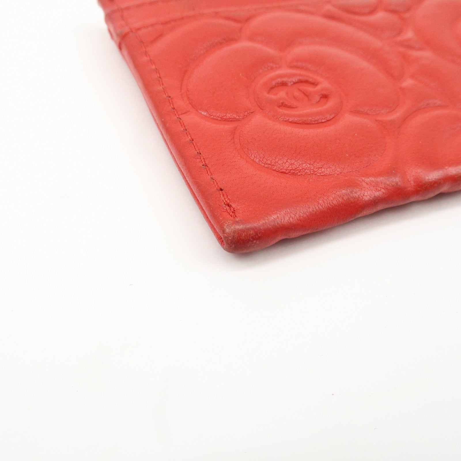 CHANEL Camellia Lambskin Embossed Card Case Red A3173855 Used