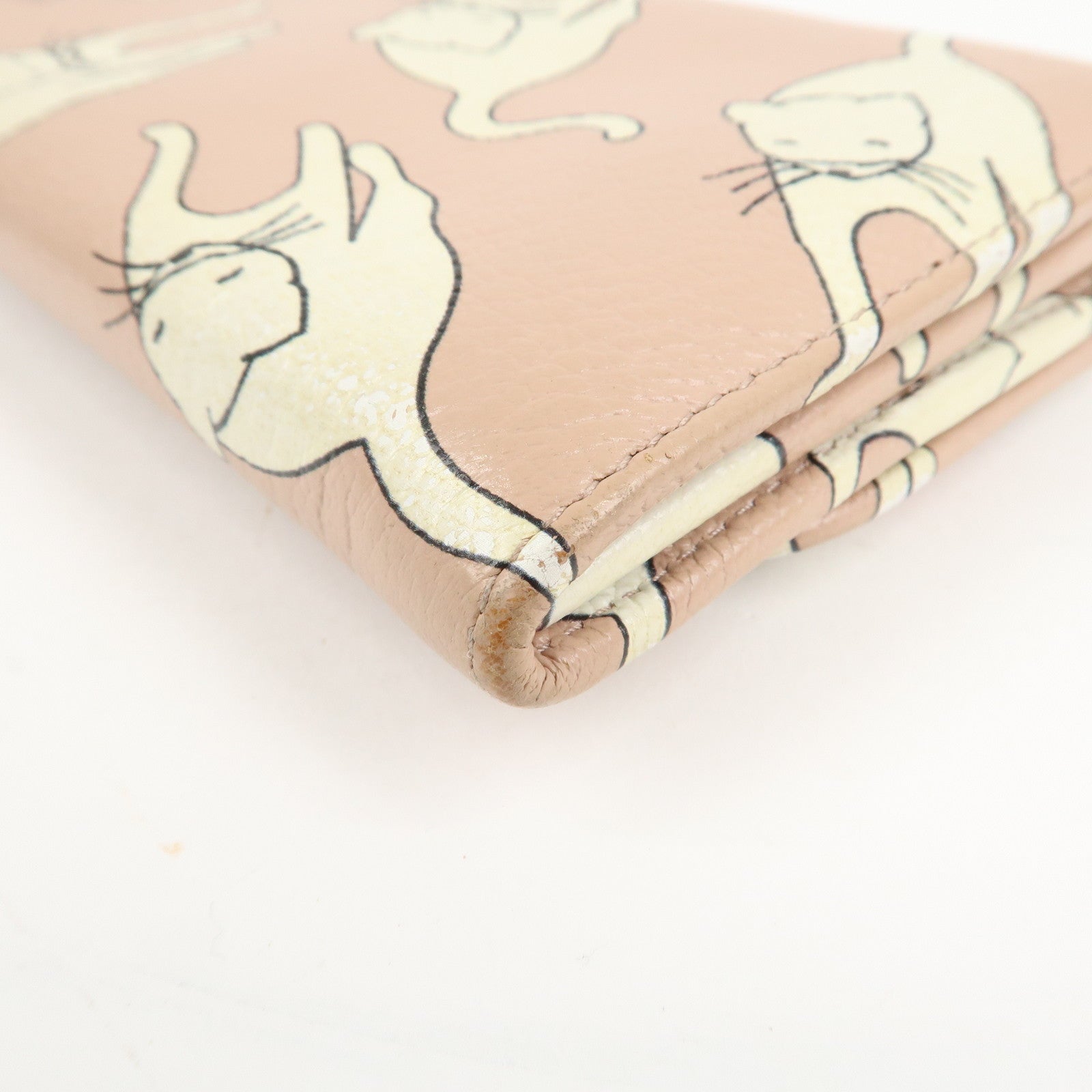 MIU MIU Leather Cat Motif Long Wallet Pink Beige 5MH109 Used