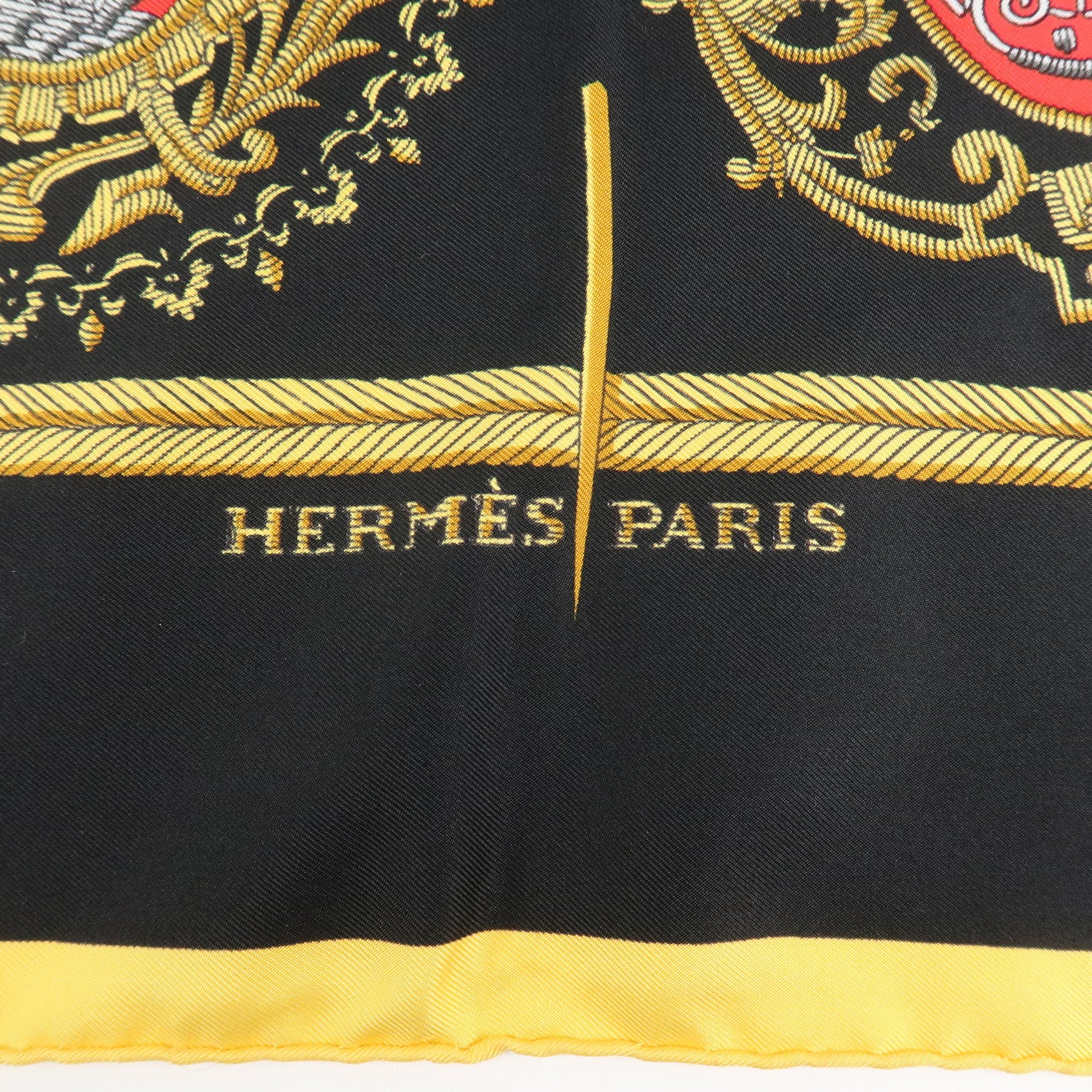 HERMES Carre 90 Silk 100% Scarf LES ARMES DE PARIS Black Gold Used