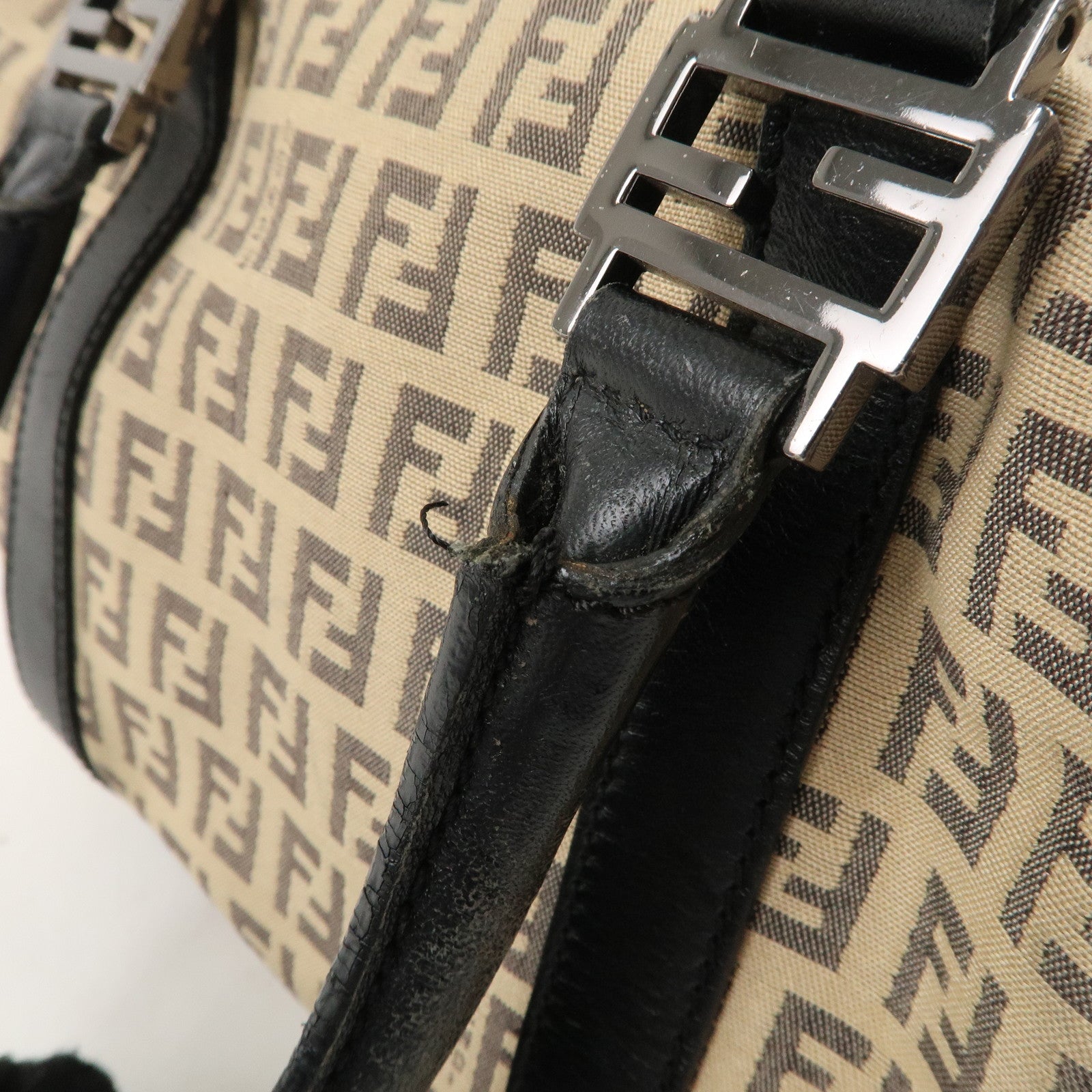 FENDI Zucchino Canvas Leather Mini Boston Bag Beige Black