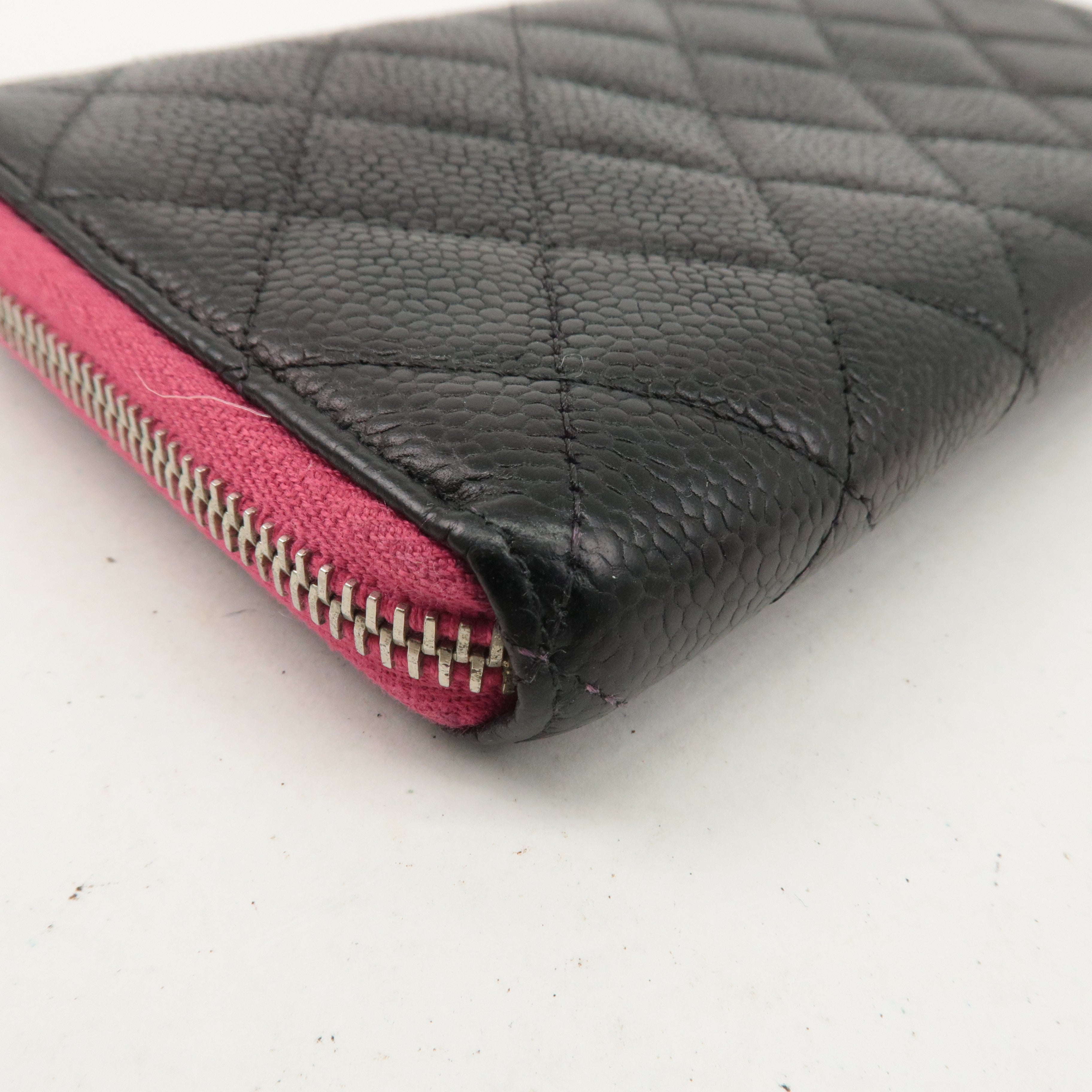 CHANEL Caviar Skin Zip Round Long Wallet Black Pink