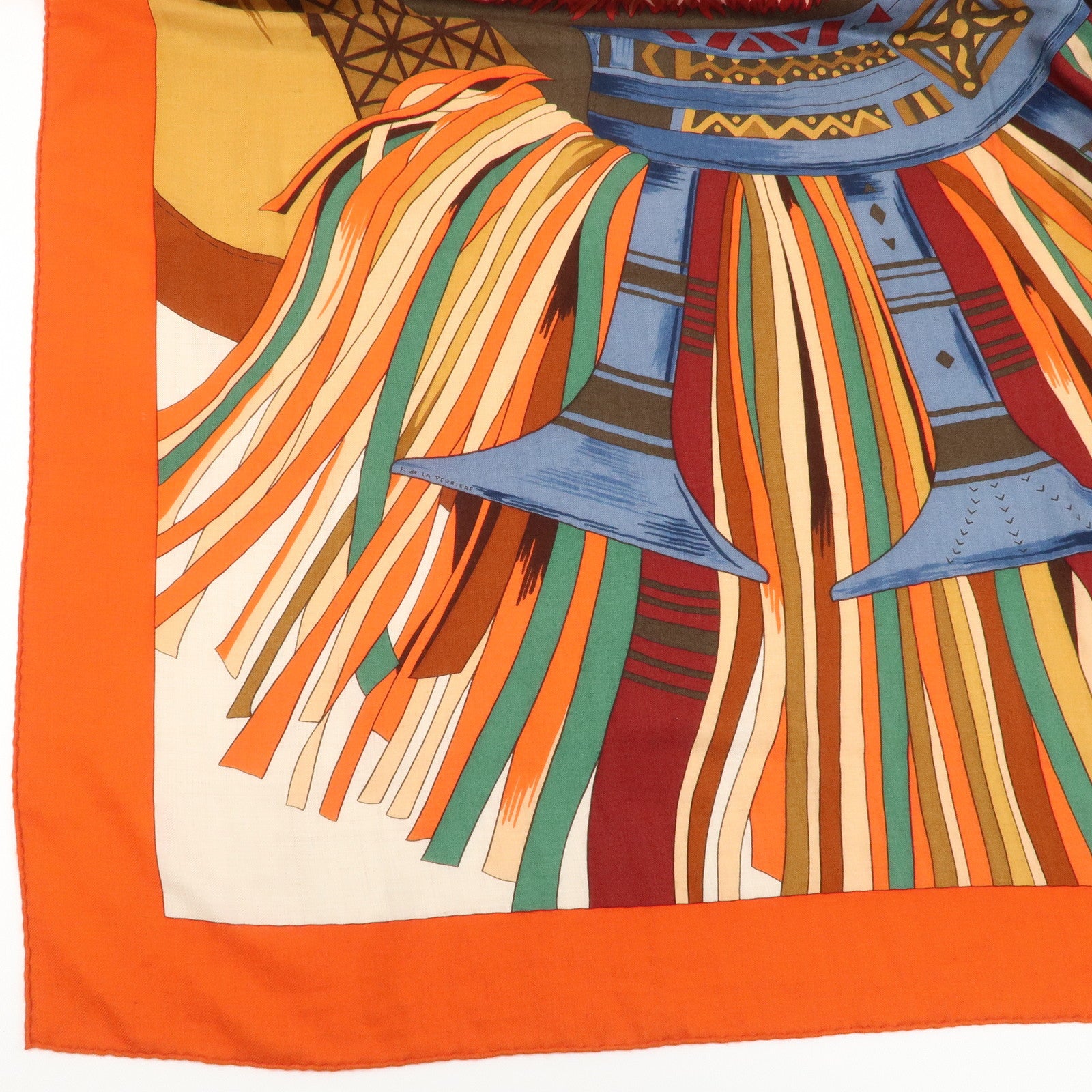 HERMES Carre 140 Cashmere Silk Scarf CUIRS DU DESERT Orange Used