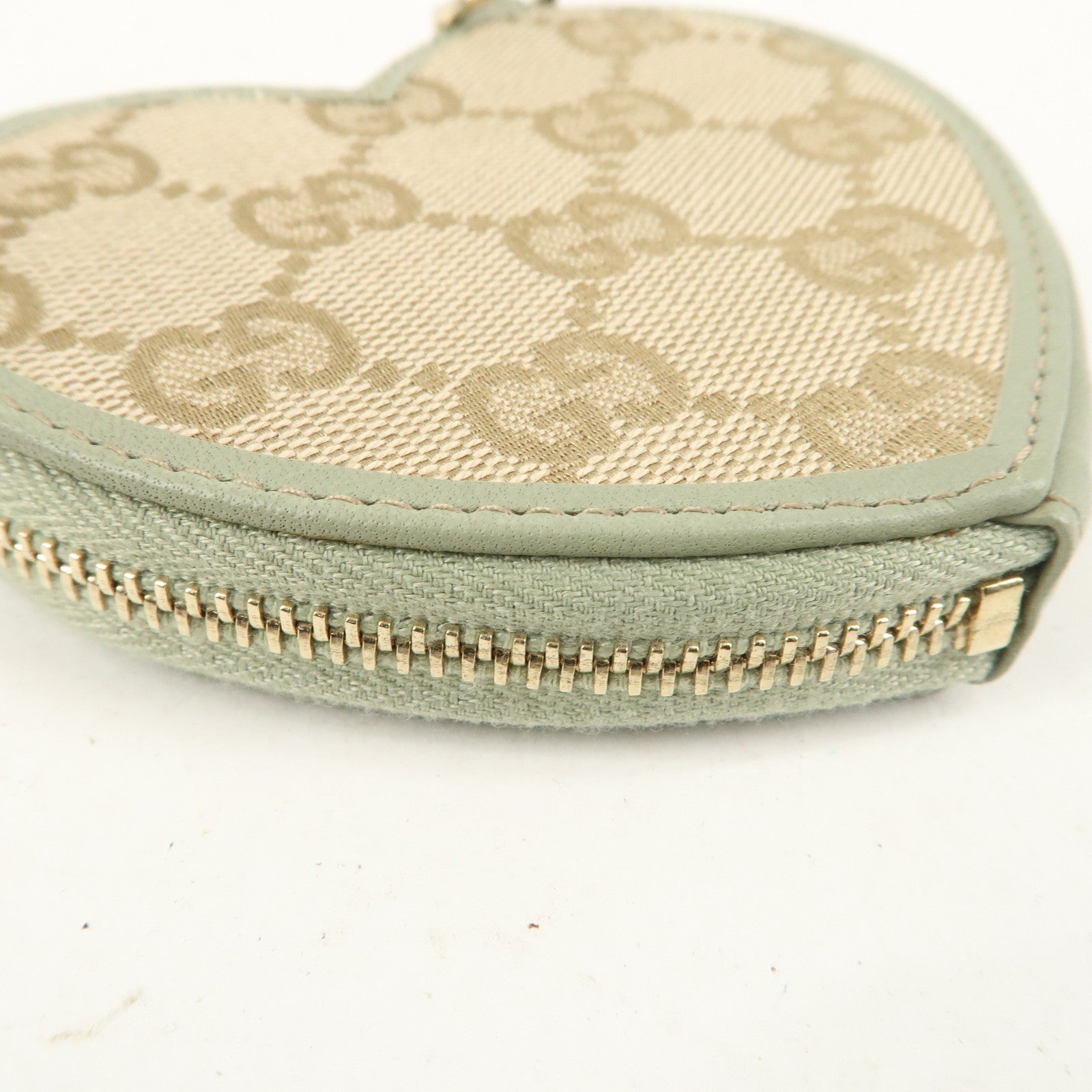 GUCCI GG Canvas Leather Heart Coin Case Wallet Light Green 152615