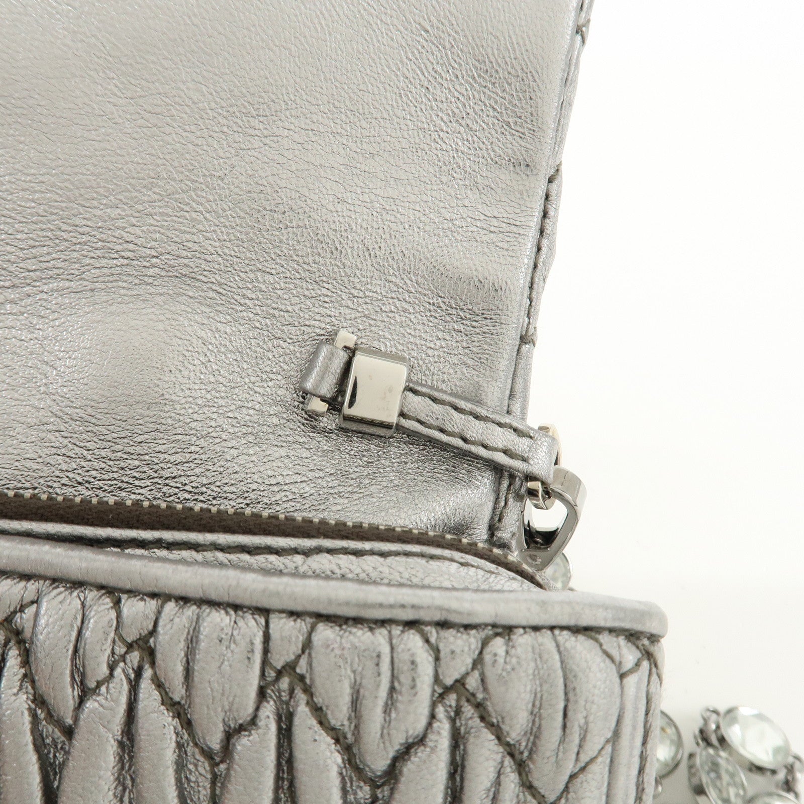 MIU MIU Matelasse Leather Nappa Crystal Shoulder Bag Silver 5BH012 Used